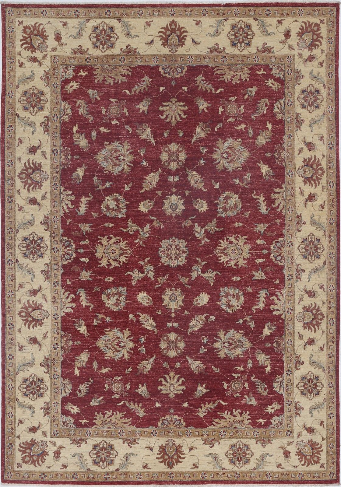 6.7x9.7 Ft Hand Knotted Floral Area Rug With Red Field And Beige Border