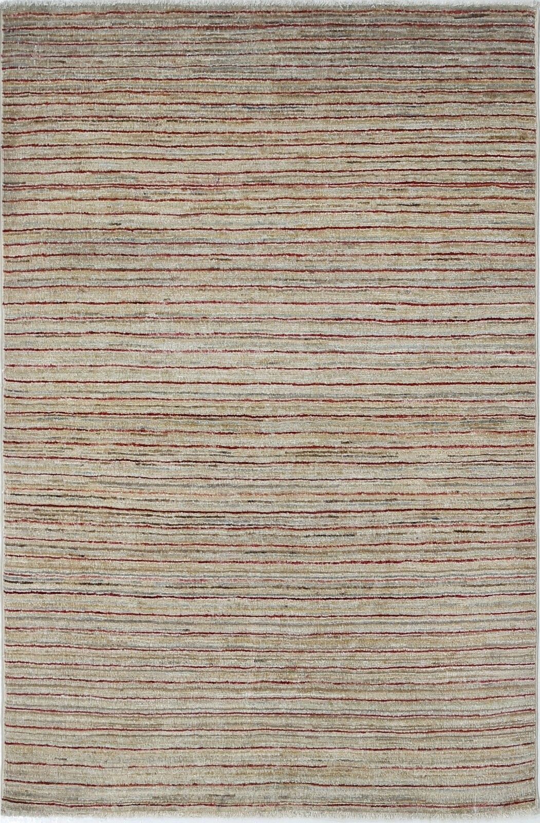 3.2x4.8 Ft Handknotted Ivory, Beige And Red Area Rug. Striped Pattern Accent Rug