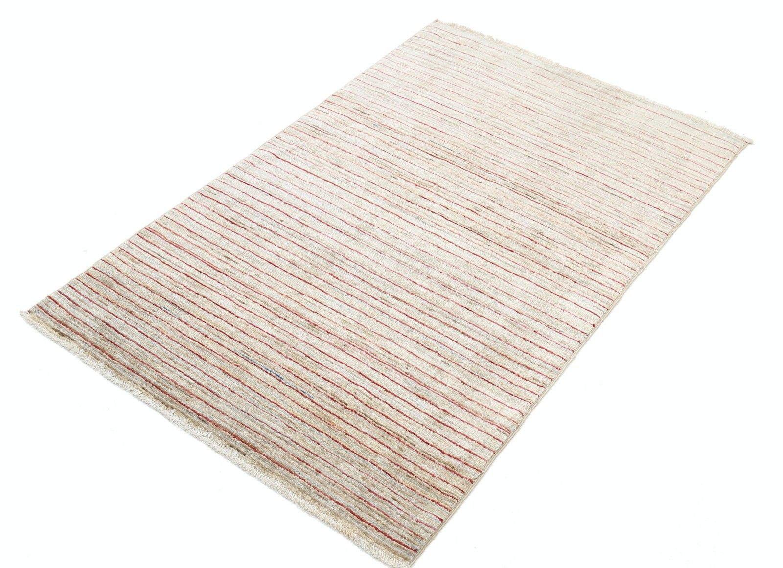 Tapis d'appoint noué à la main, ivoire, beige et rouge, 97 x 145 cm, motif rayé photo for sale