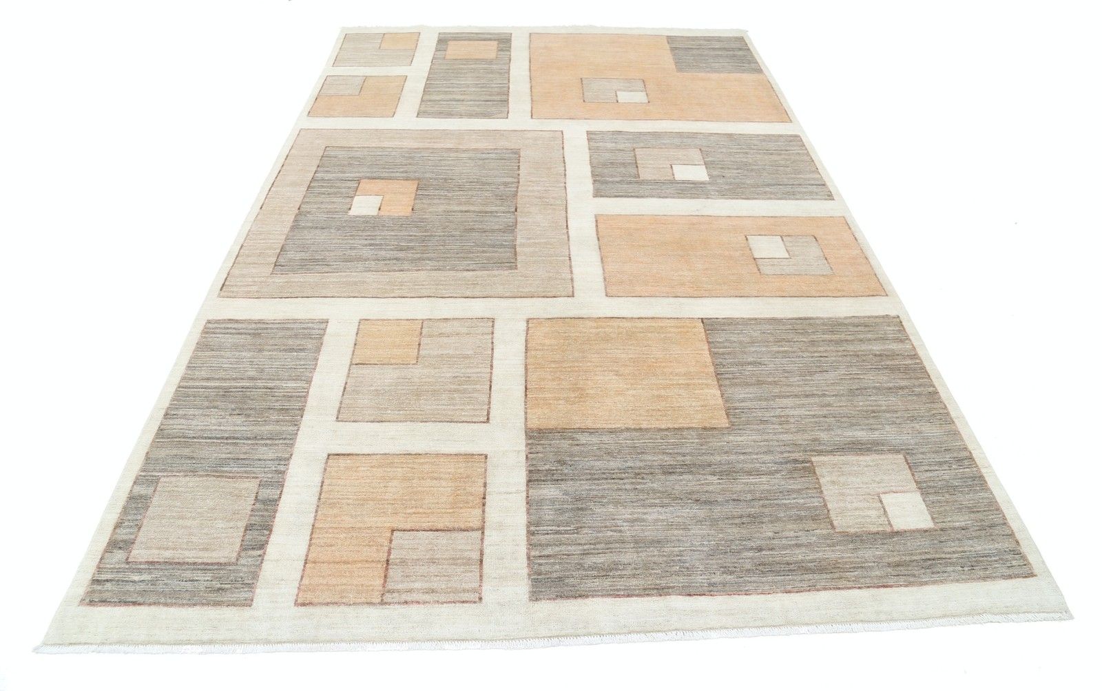 Tapis en laine noué à la main, beige et gris, motif géométrique abstrait - 1 x 1,35 m photo Textiles