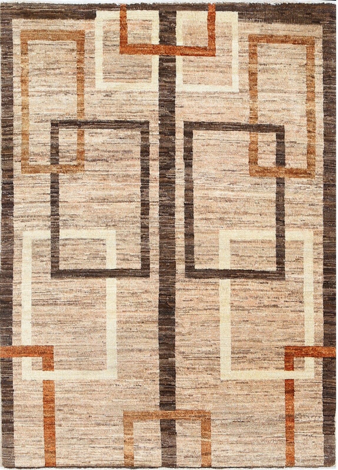 3.2x4.3 Ft Handknotted Brown & Ivory Wool Area Rug. Geometric Abstract Small Rug
