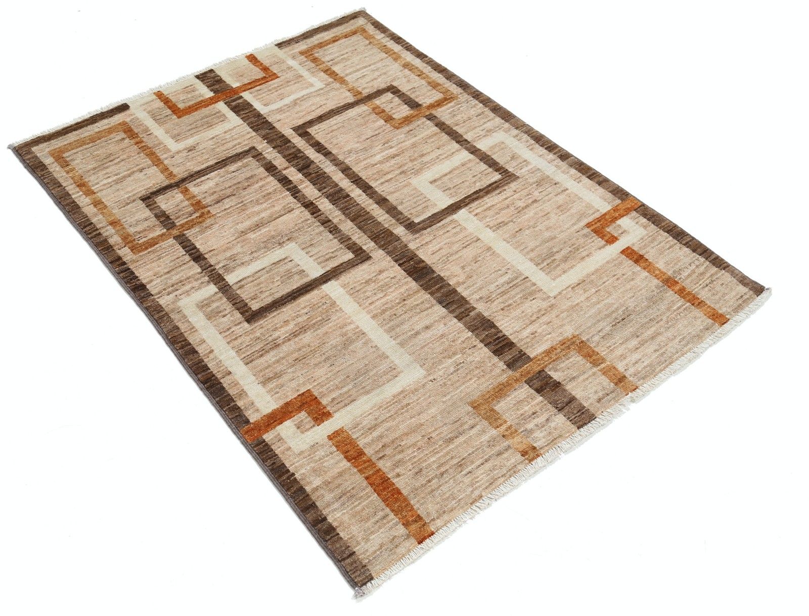 Tapis en laine noué à la main, marron et ivoire, 97 x 130 cm. Petit tapis géométrique abstrait photo furniture