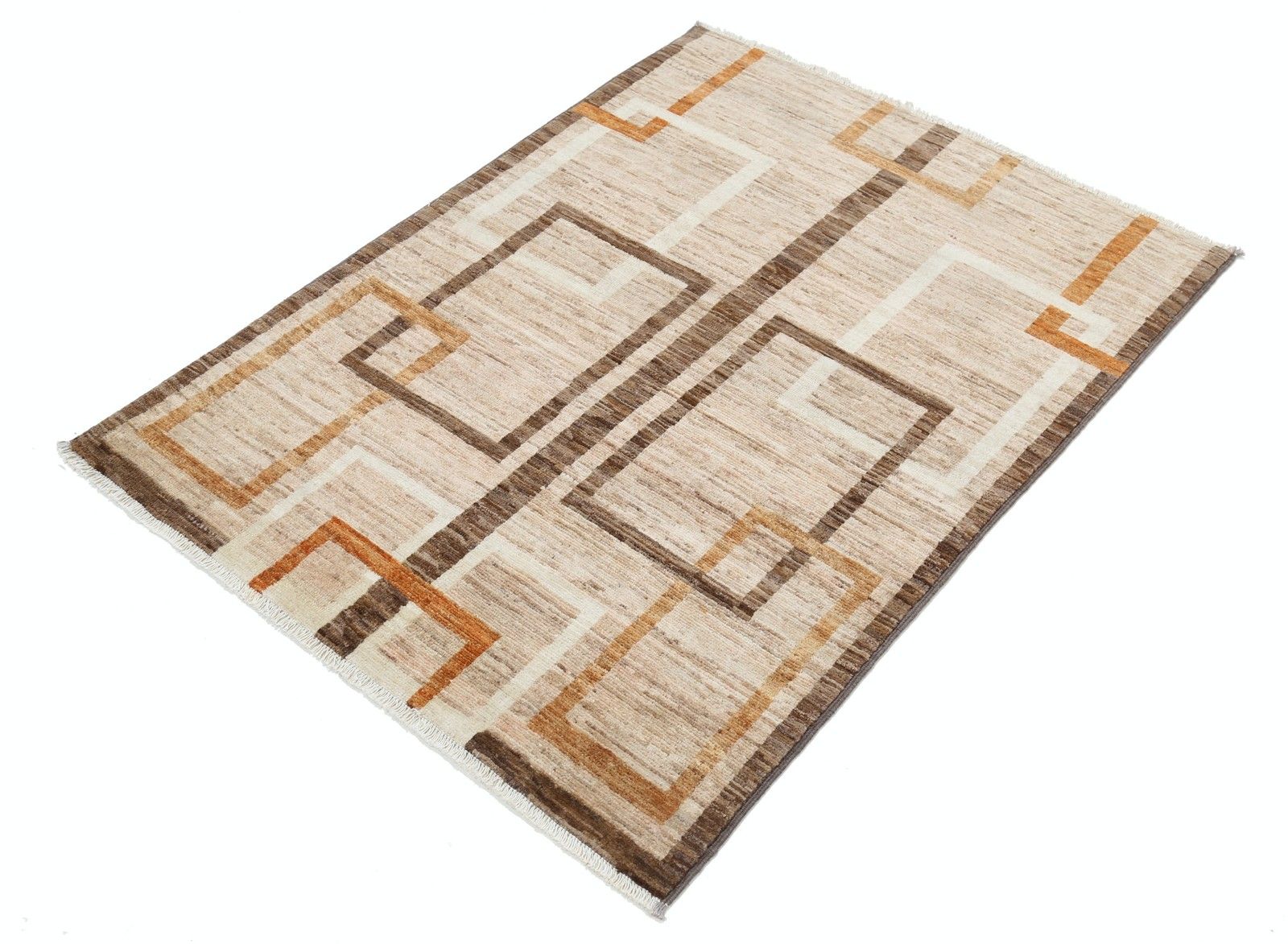 Tapis en laine noué à la main, marron et ivoire, 97 x 130 cm. Petit tapis géométrique abstrait photo for sale