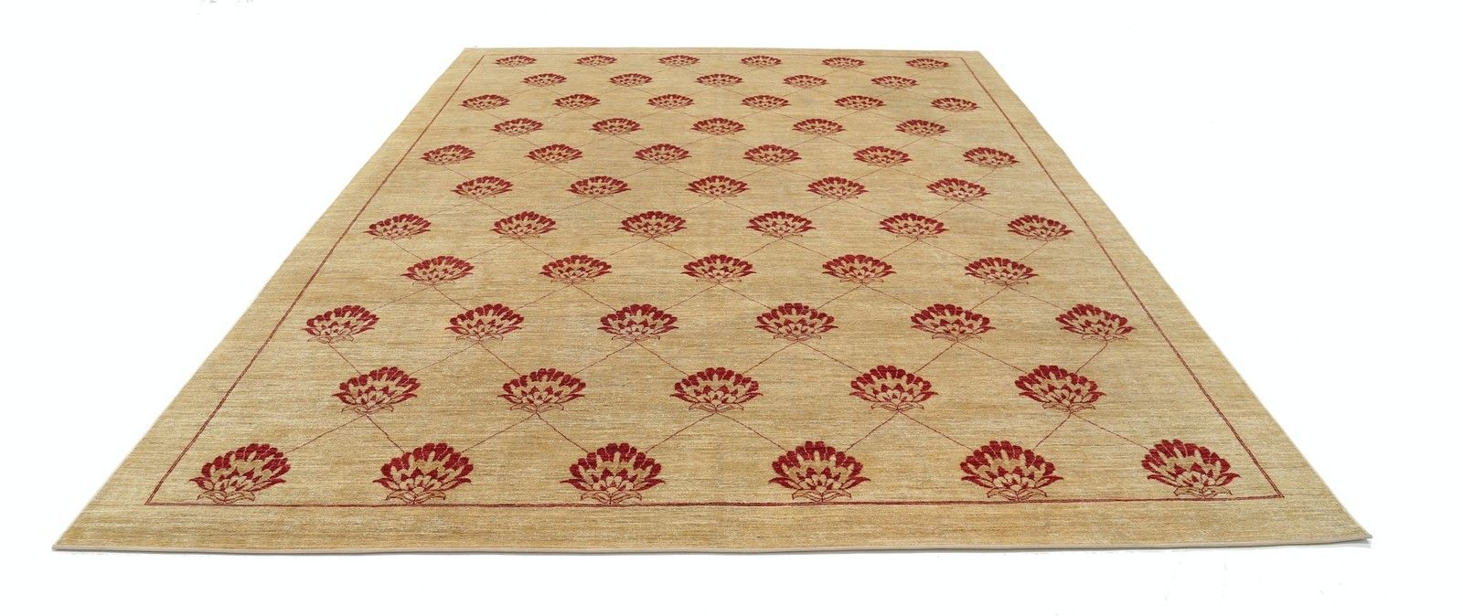 Tapis en laine beige et rouge, fait main, 2,93 x 3,97 m. Tapis à motif floral répété photo Textiles