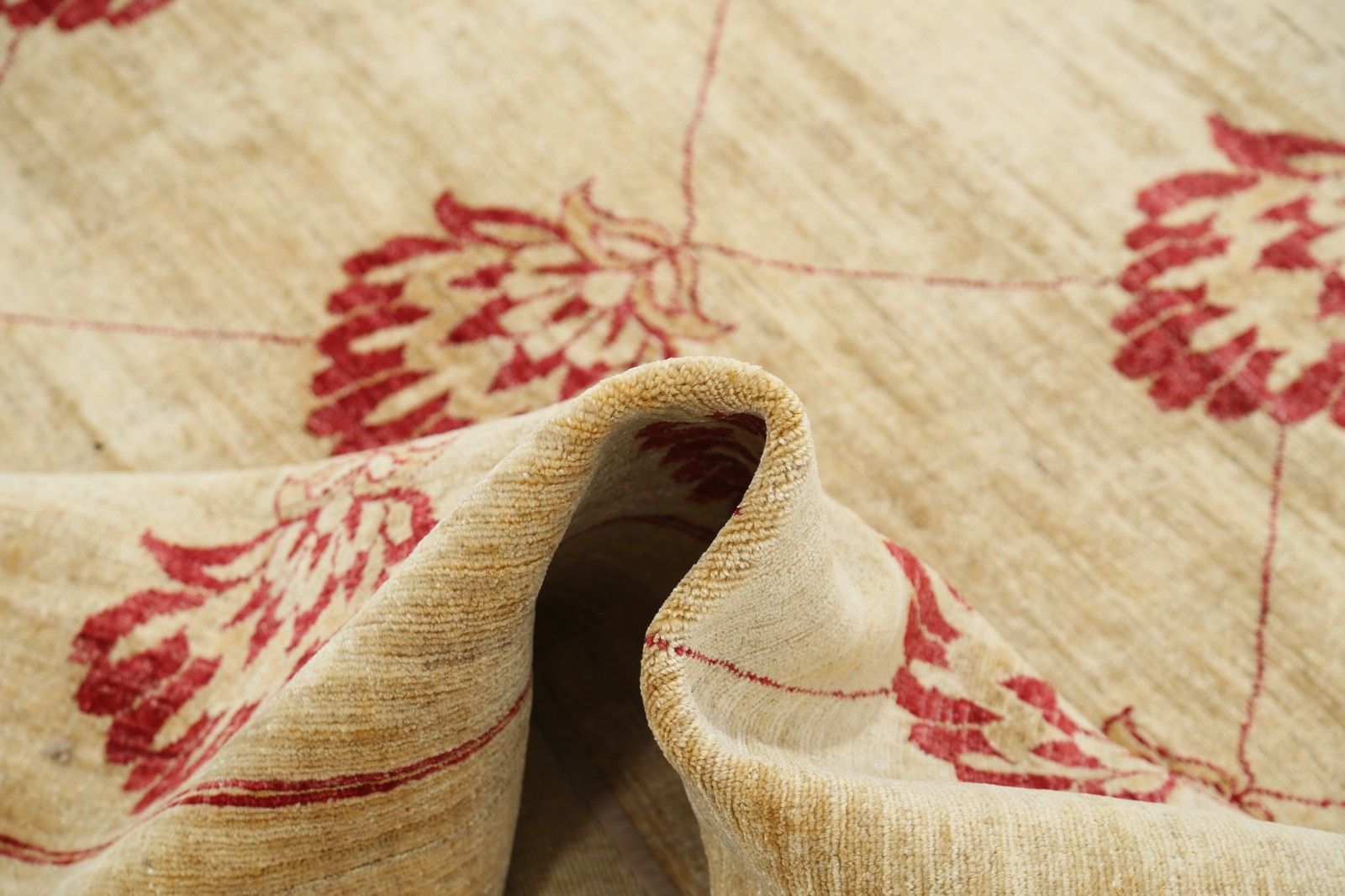 Tapis en laine beige et rouge, fait main, 2,93 x 3,97 m. Tapis à motif floral répété photo vinterior