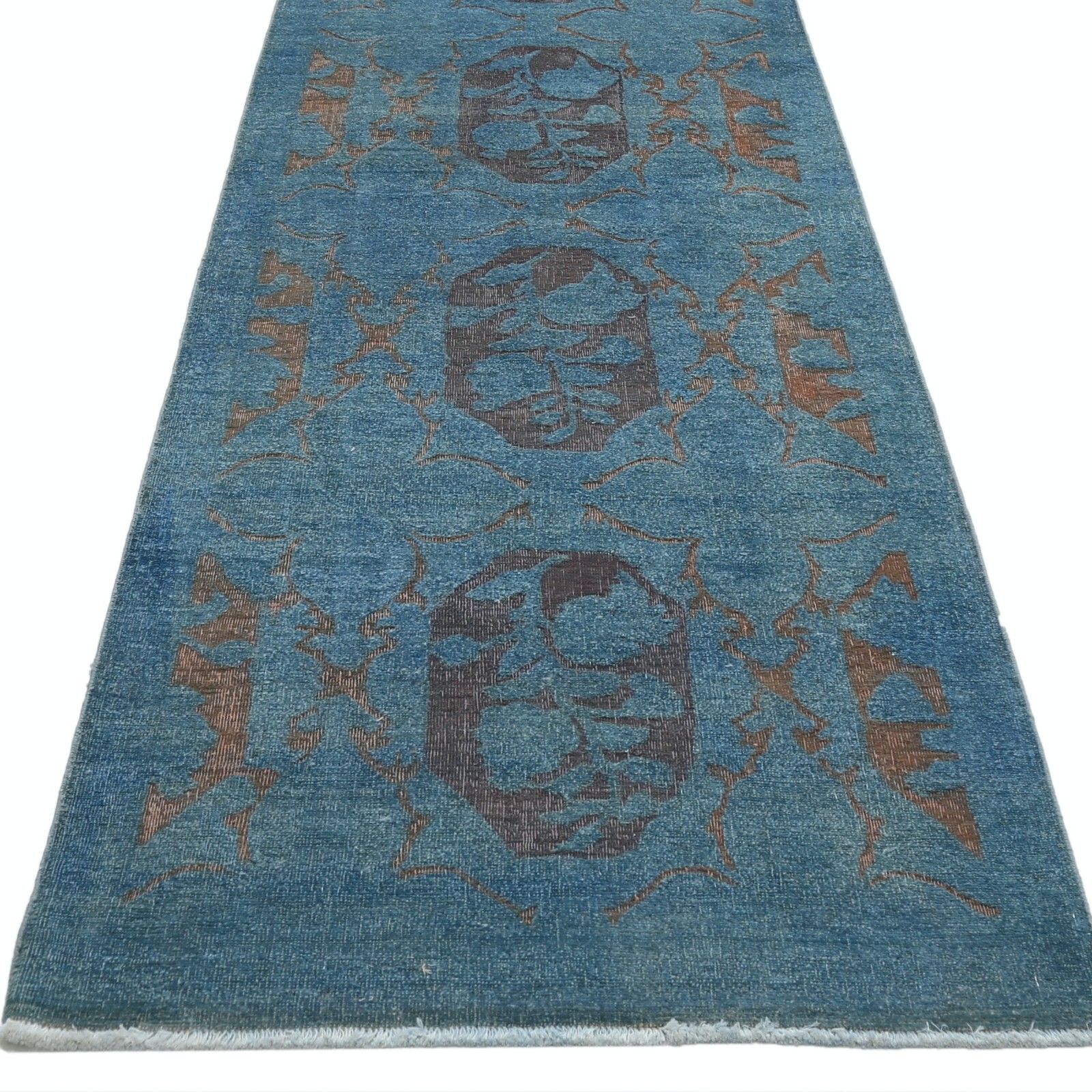 3,2 x 19,6 ft handgeknoopt blauw, bruin lang loperkleed. Bloemen gangloper. 100% wol photo vinterior