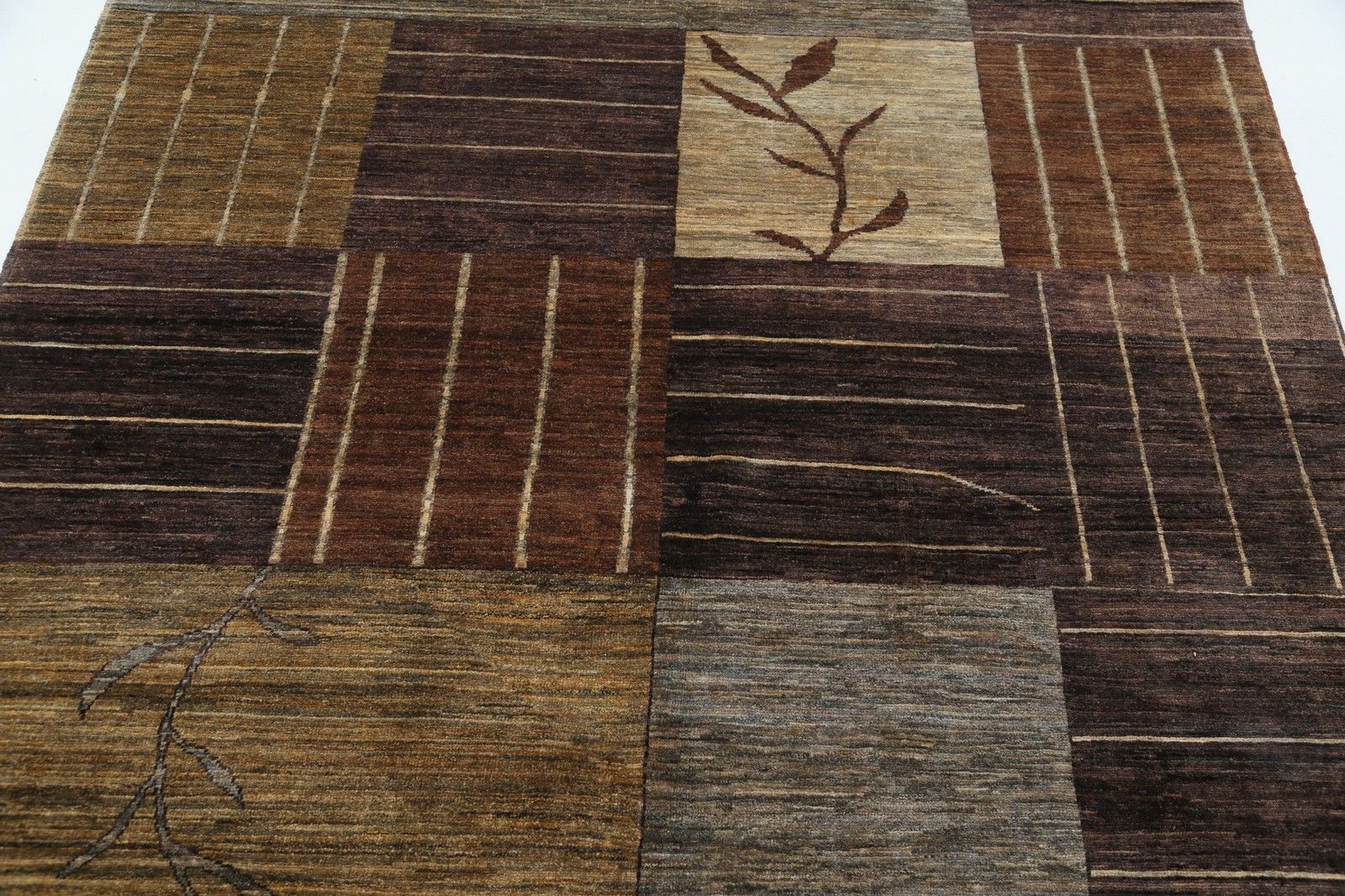 5.7x7.5 Ft Handmade Brown, Beige, Gray Rug. Abstract Botanical Geometric Design photo for sale