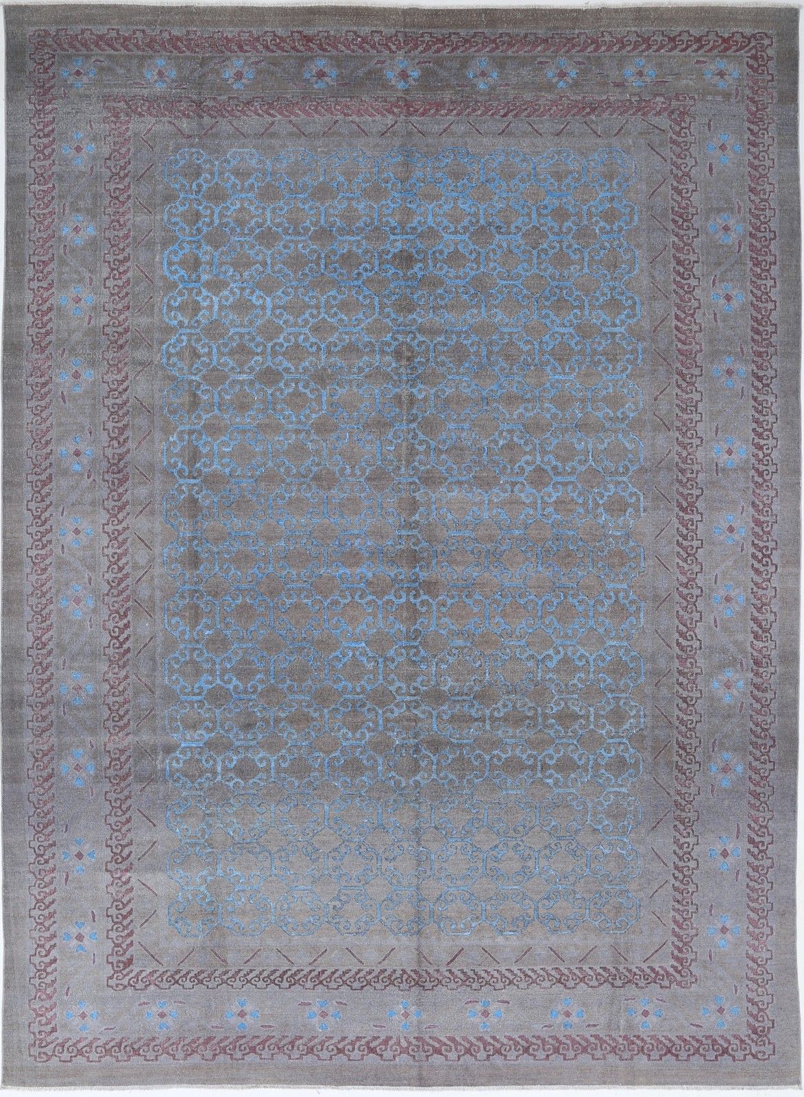 9.4x13 Ft Handmade Gray, Blue & Lavender Rug. Trellis Geometric Design Carpet