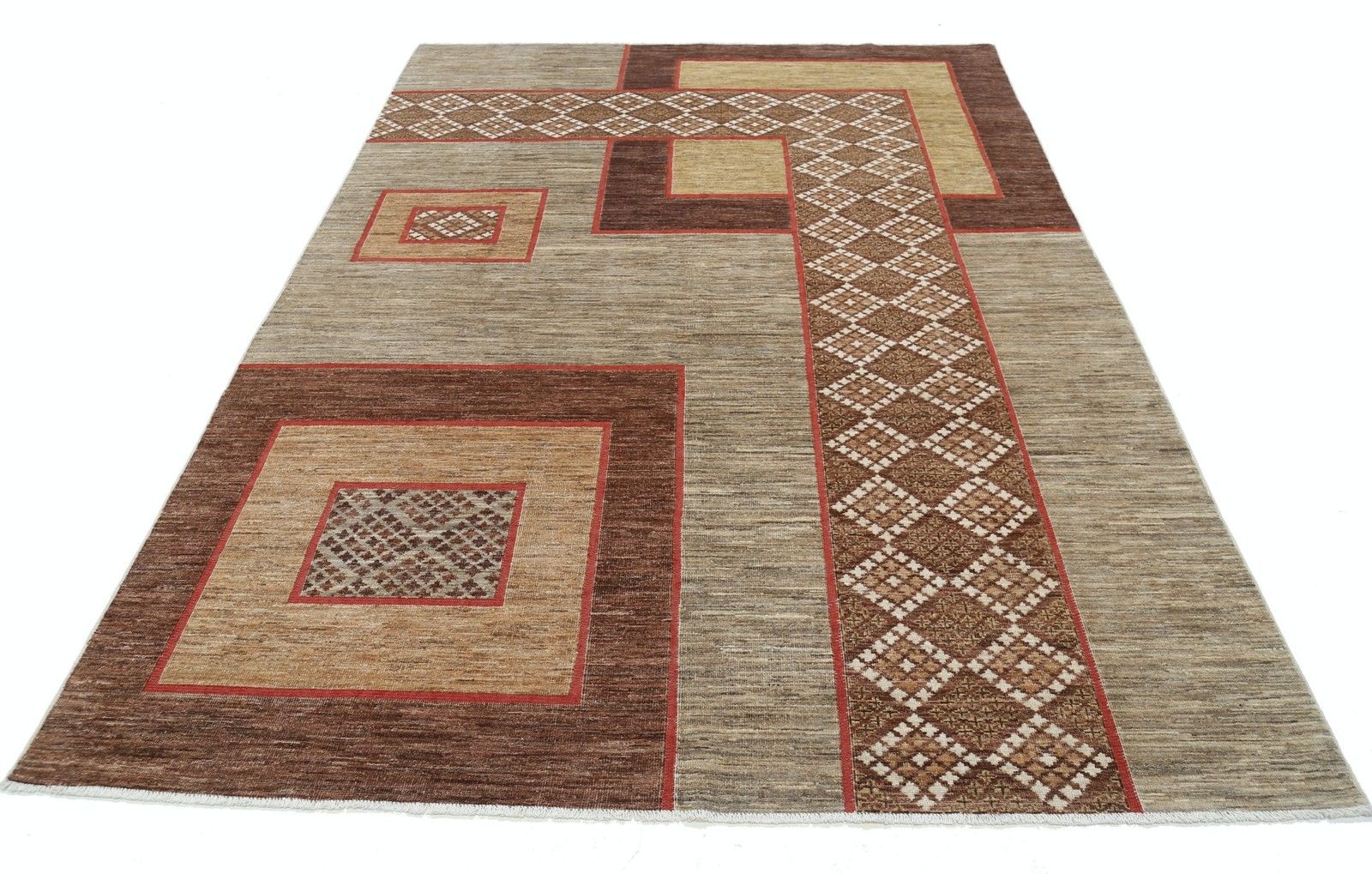 6.5x9.4 Ft Handmade Beige, Brown And Red Area Rug With Abstract Geometric Design photo Textiles