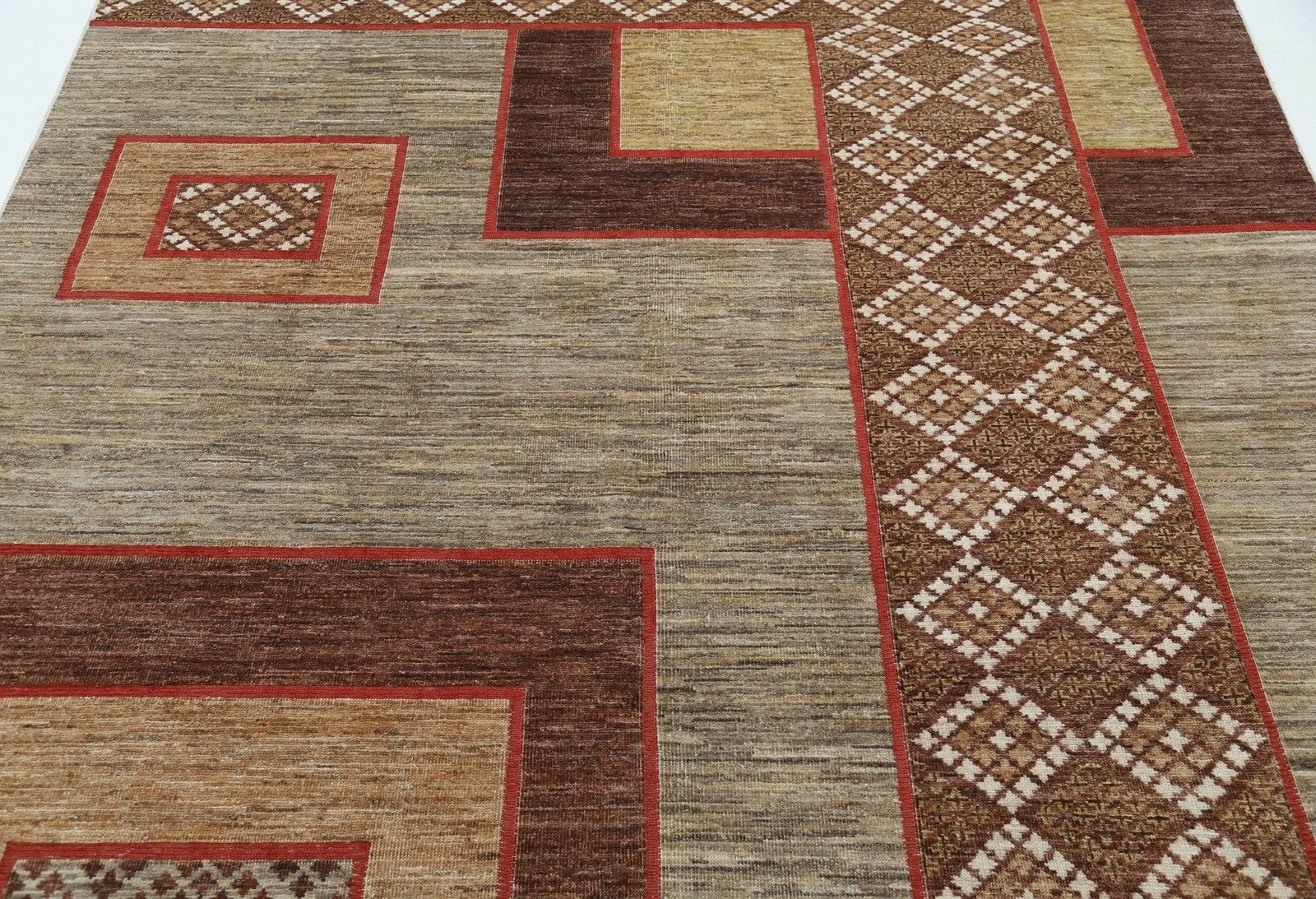 Tapis de sol fait main beige, marron et rouge à motif géométrique abstrait, 200 x 285 cm photo 2354.0
