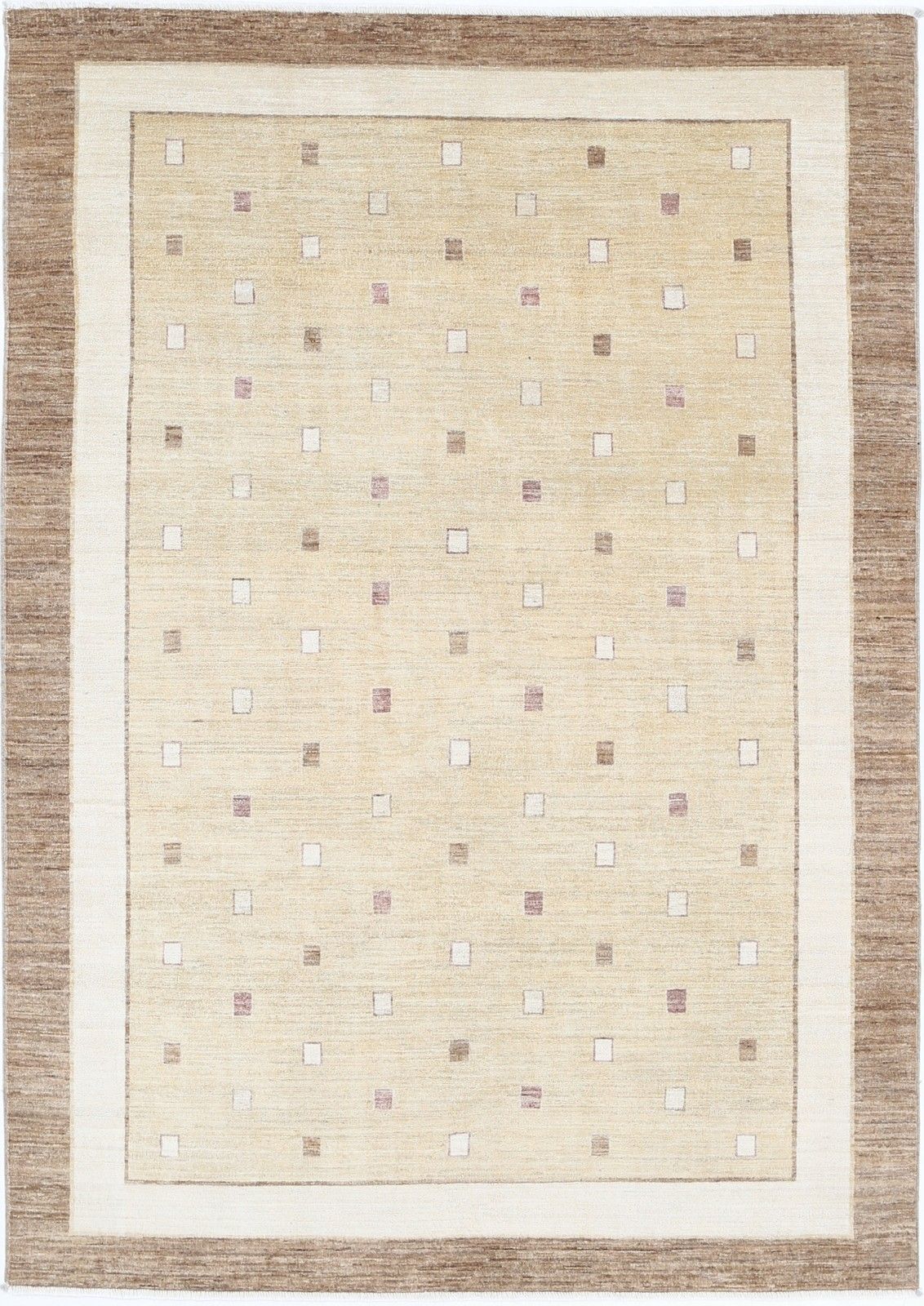 Tapis noué à la main beige et taupe, 1,71 x 2,44 m. Tapis à motif géométrique minimaliste à points