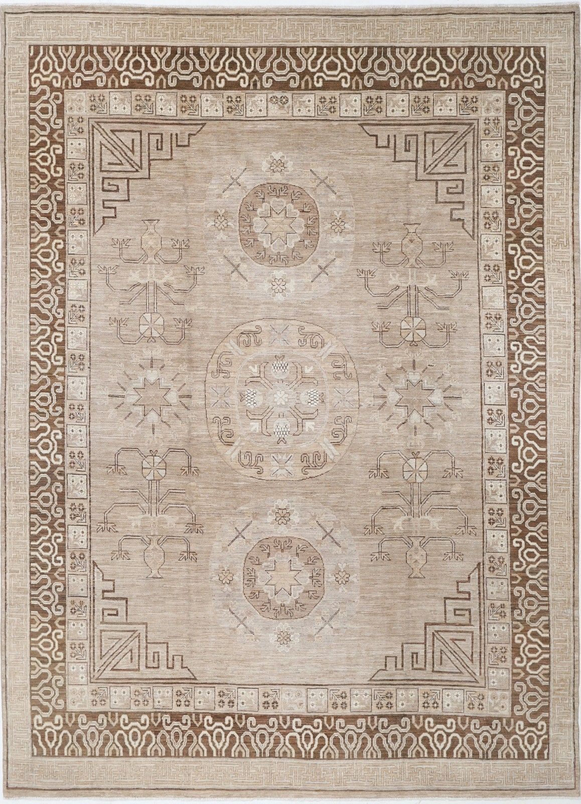 9x12.2 Ft Hand Knotted Beige And Brown Area Rug. Tribal Geometric Design Carpet
