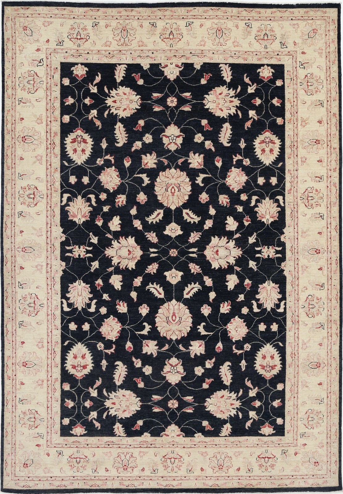 6.8x9.7 Ft Hand Knotted Floral Large Area Rug With Black Field And Beige Border