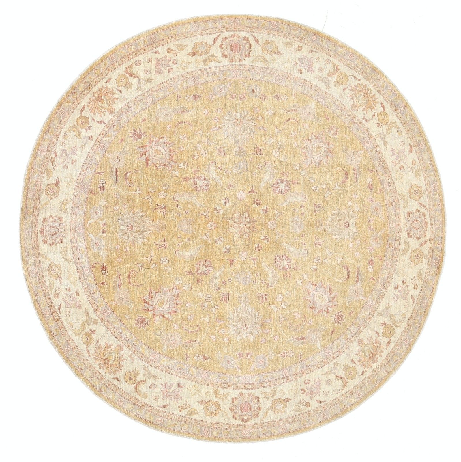 8x7 Ft Handgemaakte Beige, Goud, Roze Rond Vloerkleed. Traditioneel Bloemen Cirkelkleed