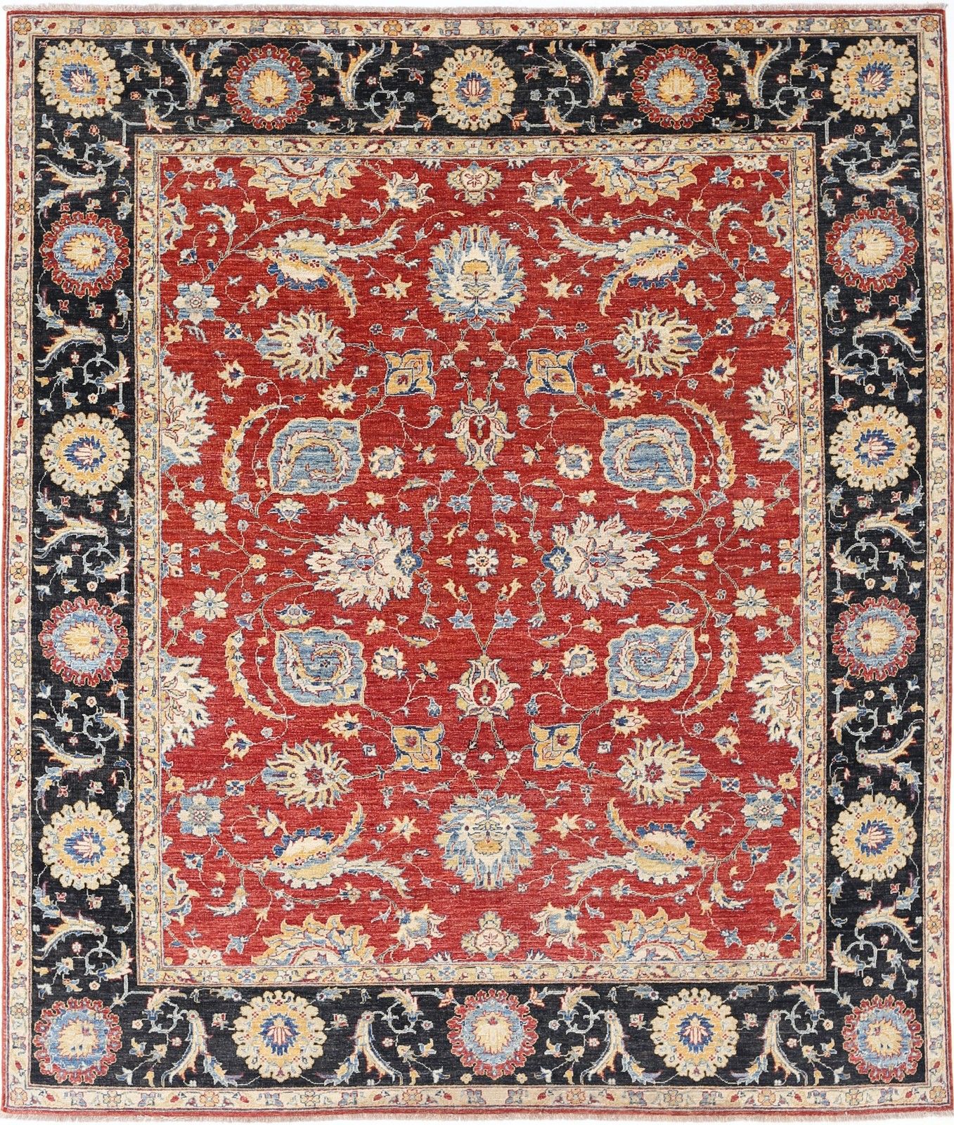 8.2x9.5 Ft Handknotted Red, Navy Blue, Beige Wool Rug. Traditional Floral Carpet
