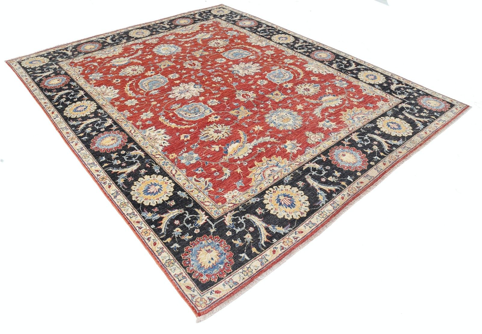 8,2 x 9,5 ft Handgeknoopt Rood, Marineblauw, Beige Wollen Vloerkleed. Traditioneel Bloemen Tapijt photo furniture