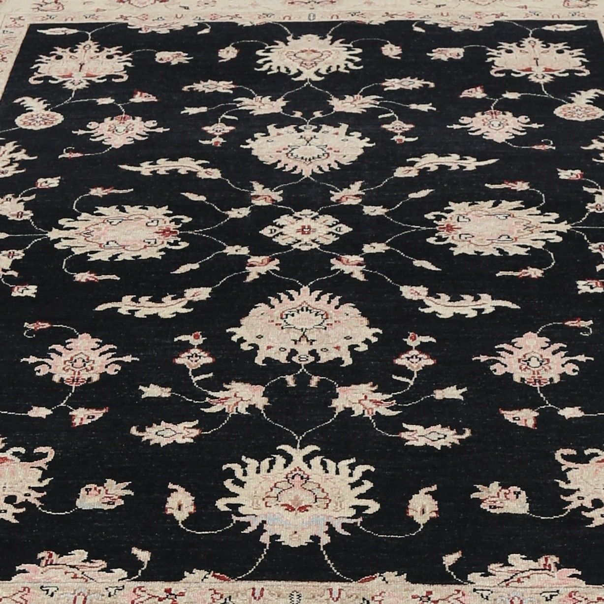 5.7x8 Ft Hand Knotted Floral Oushak Area Rug With Black Field And Beige Border photo vinterior