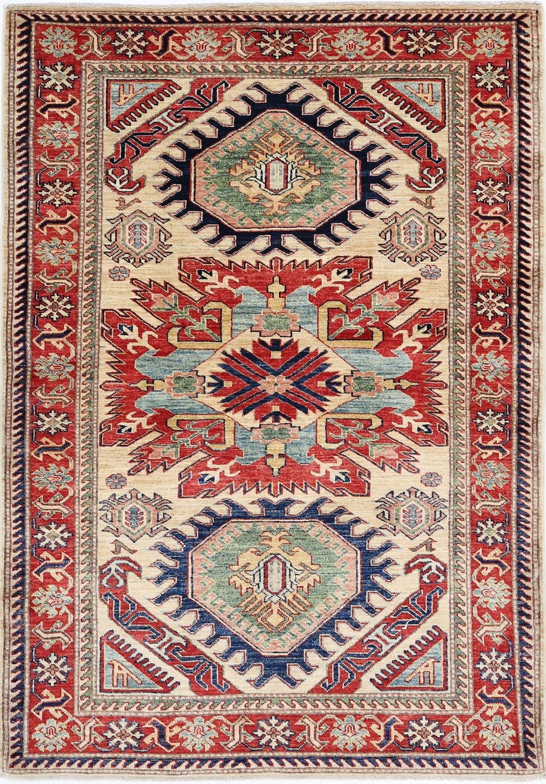 Tapis à poils noués main beige, rouge et bleu clair, 4,2 x 6 pi, motif médaillon