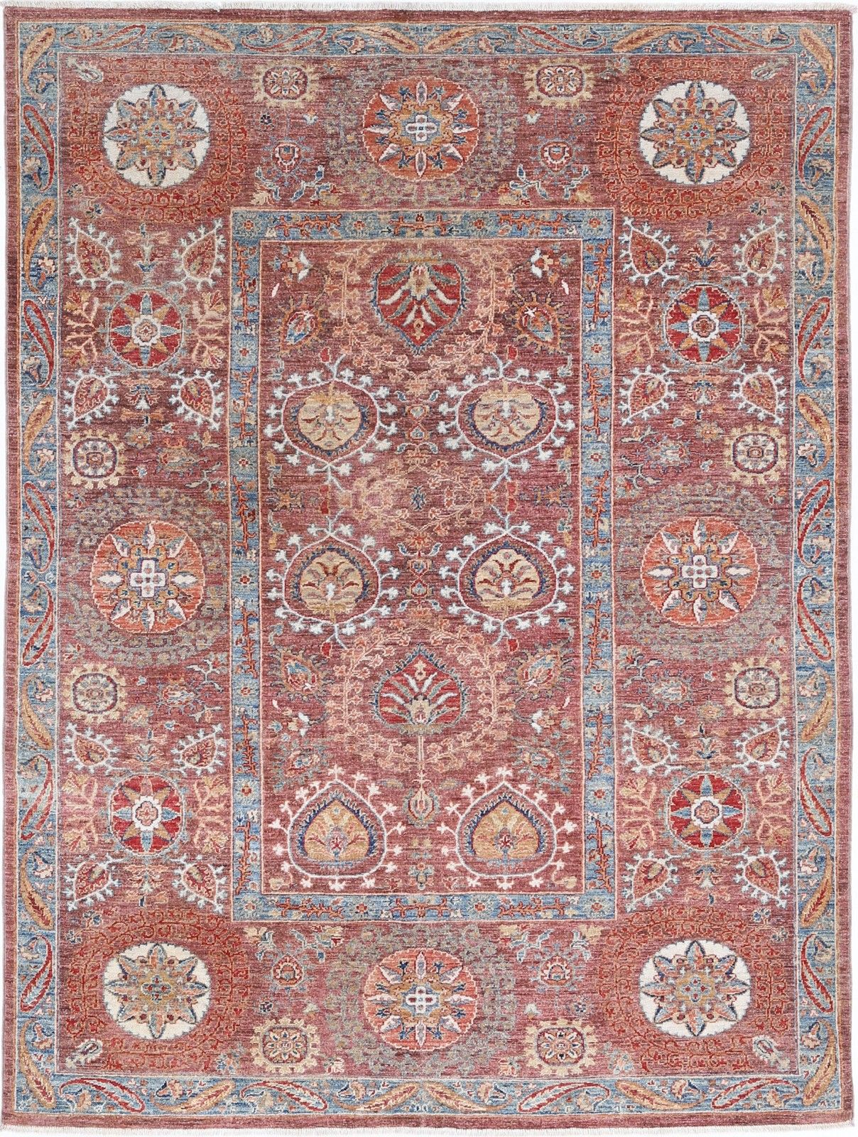 Tapis traditionnel fait main rouille, bleu clair et beige à motif floral, 1,71 x 2,32 m