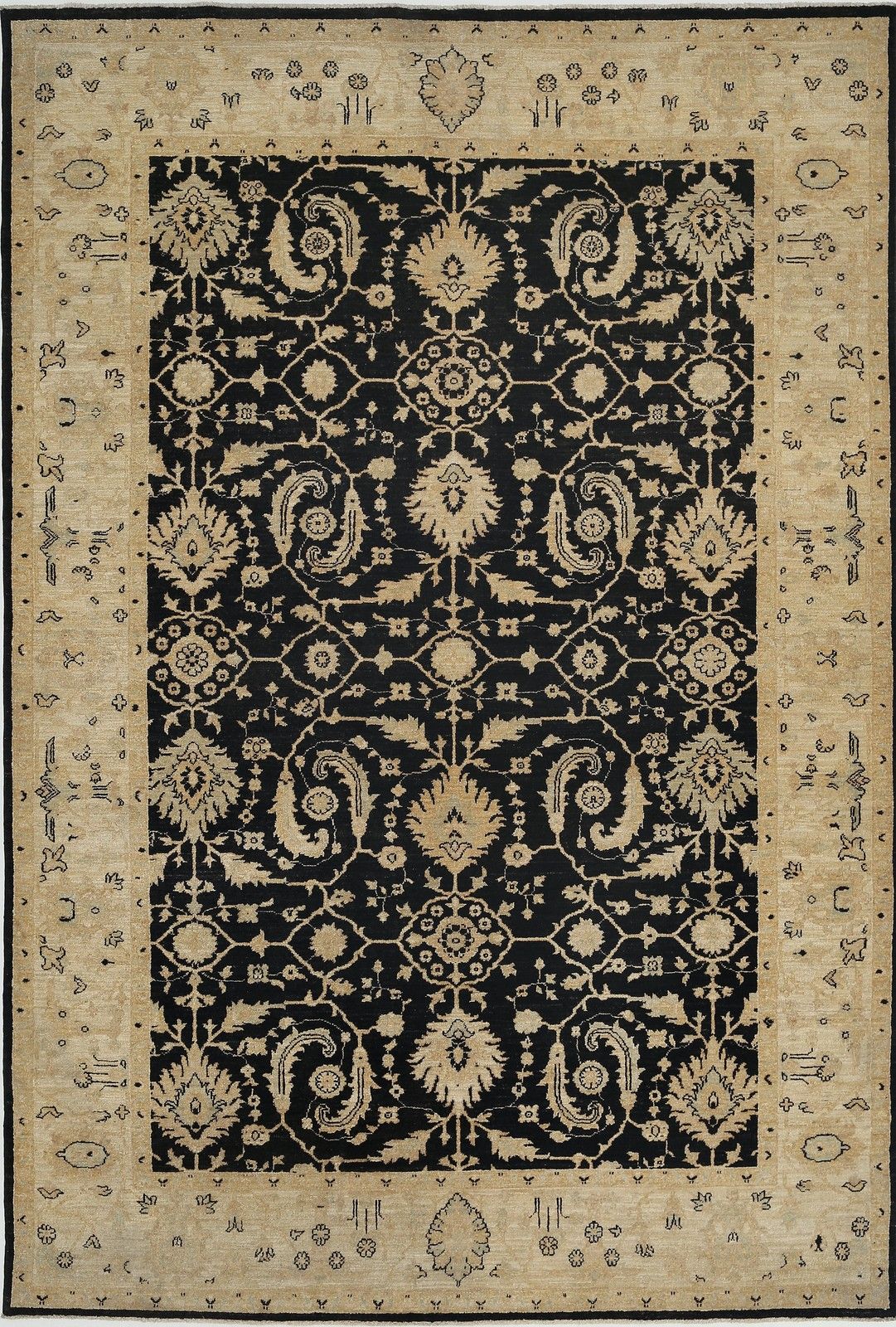 6x9 Ft Hand Knotted Black, Beige Wool Rug. Traditional Floral Pattern Carpet