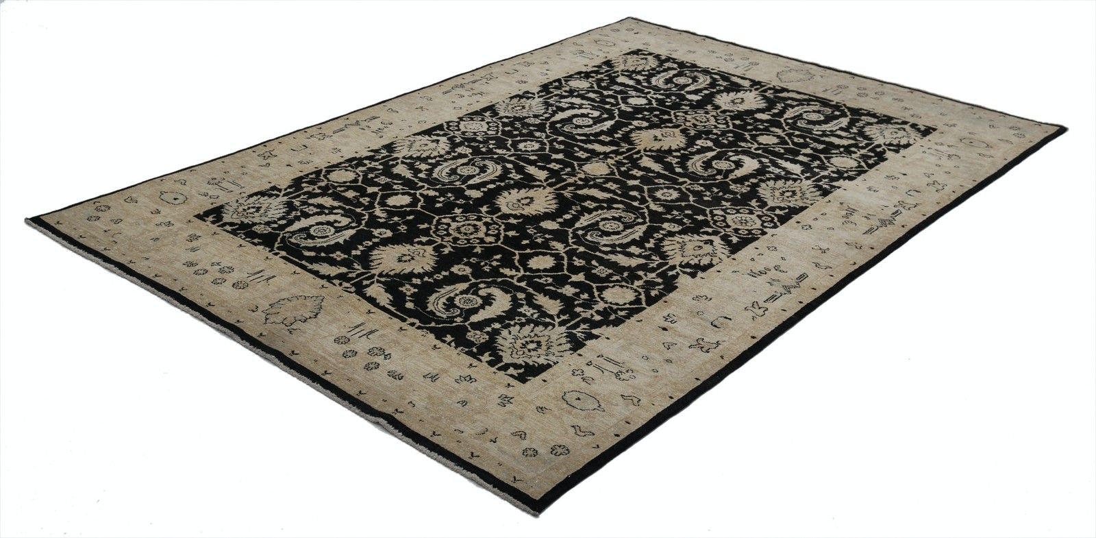 6x9 Ft Hand Knotted Black, Beige Wool Rug. Traditional Floral Pattern Carpet photo furniture