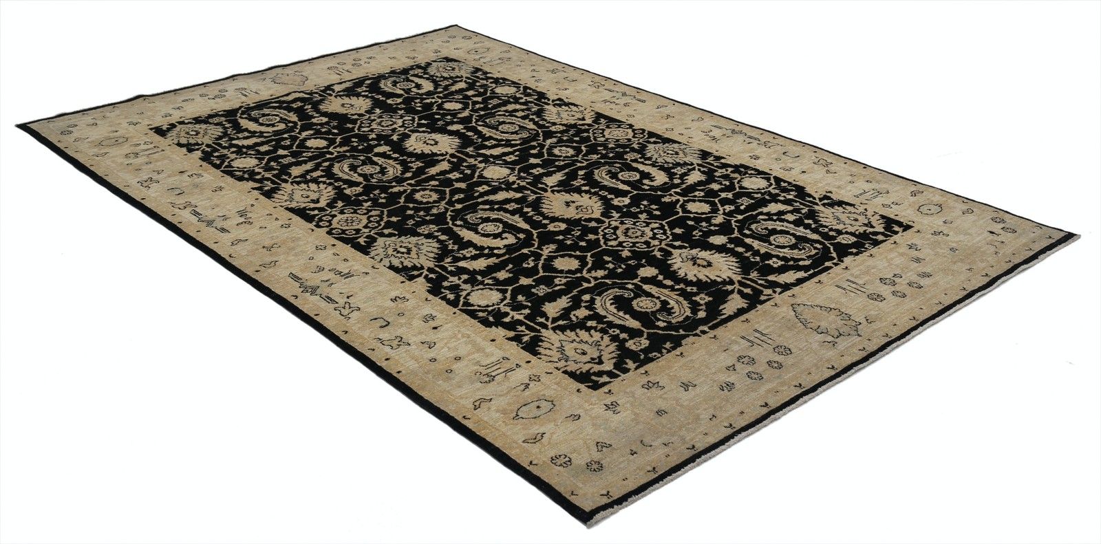 6x9 Ft Hand Knotted Black, Beige Wool Rug. Traditional Floral Pattern Carpet photo for sale