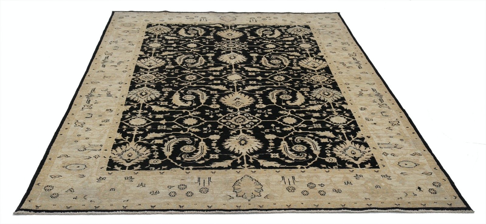 6x9 Ft Hand Knotted Black, Beige Wool Rug. Traditional Floral Pattern Carpet photo Textiles