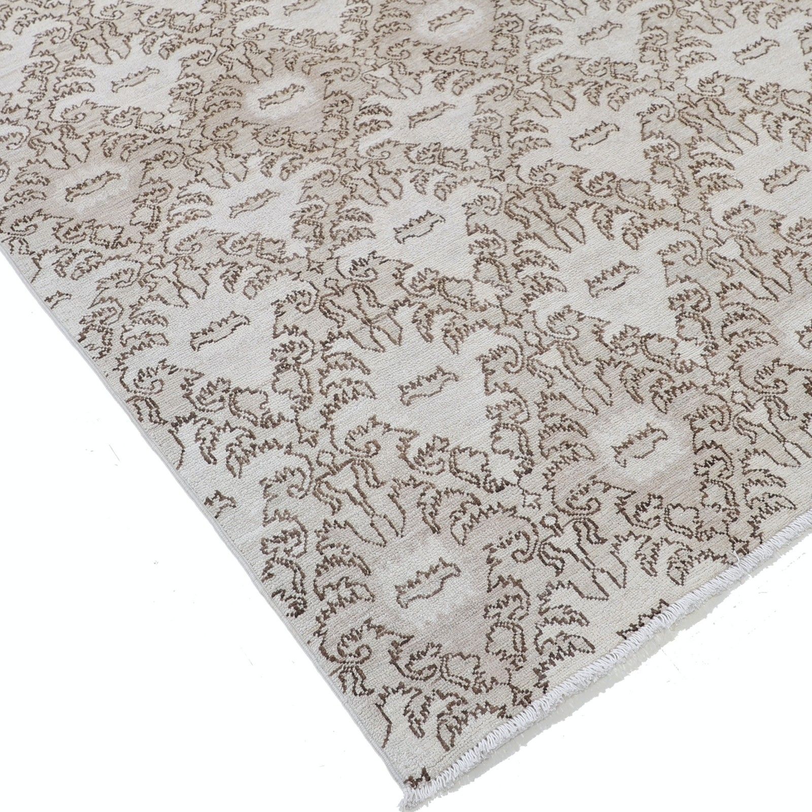 4,3x5,5 ft handgeknoopt beige en bruin vloerkleed met ornamenteel dessin. 100% wol photo buy