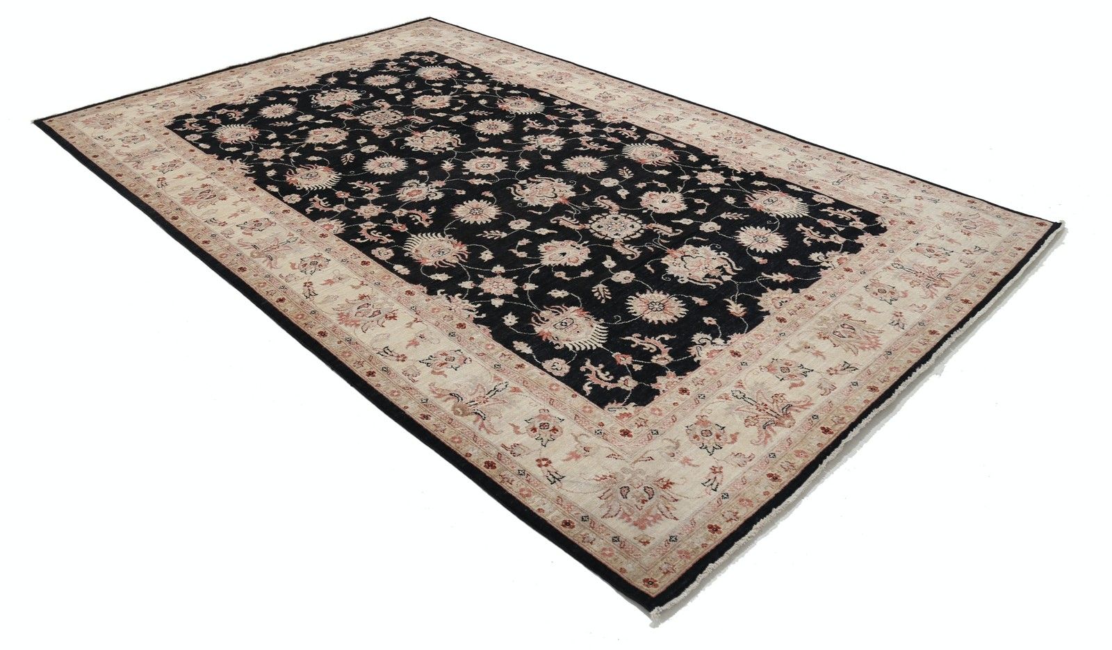 6.8x10 Ft Handknotted Floral Oushak Large Area Rug In Black And Beige. 100% Wool photo for sale