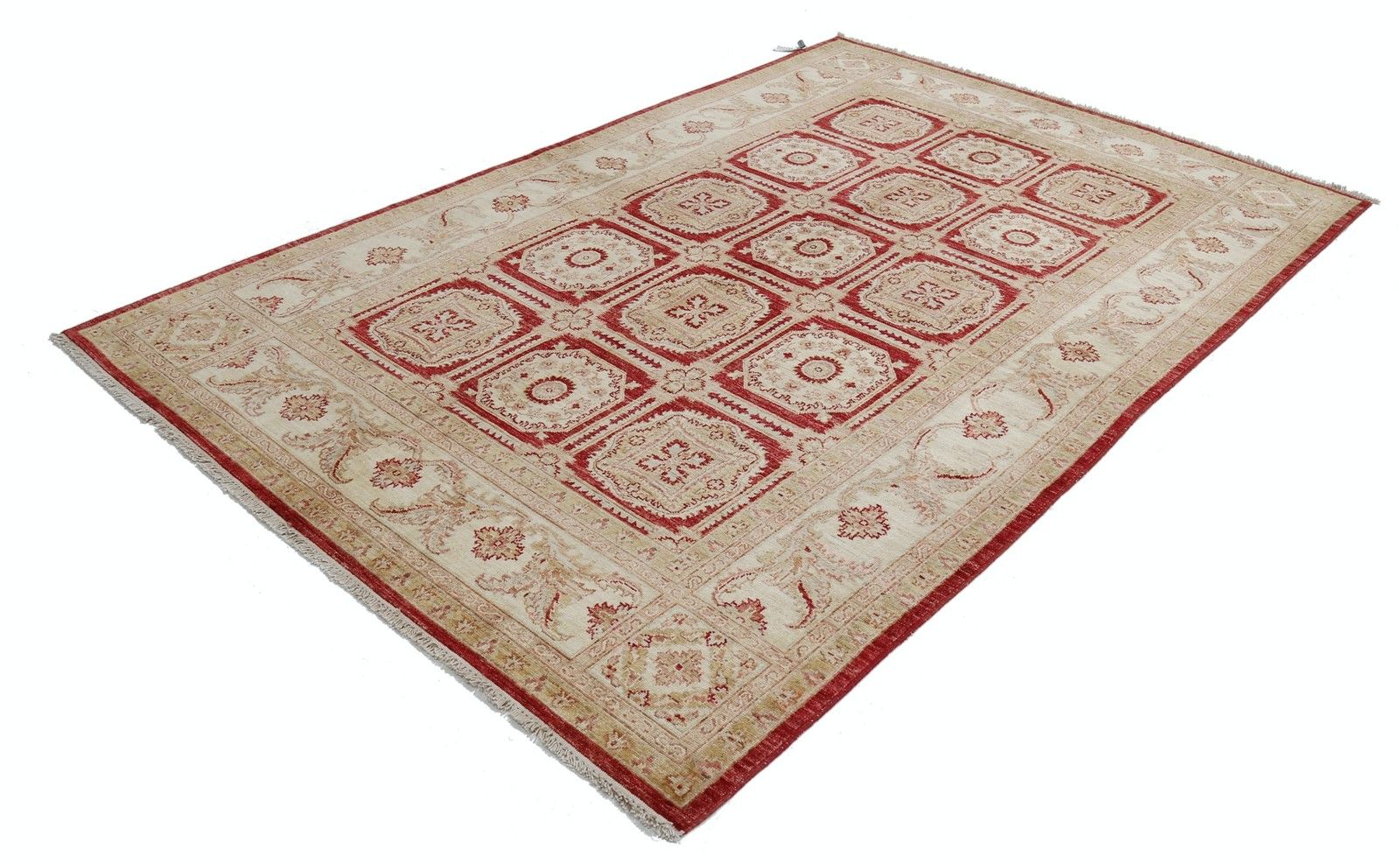 Tapis en laine noué à la main, rouge et beige, motif géométrique floral - 1,71 x 2,62 m photo furniture