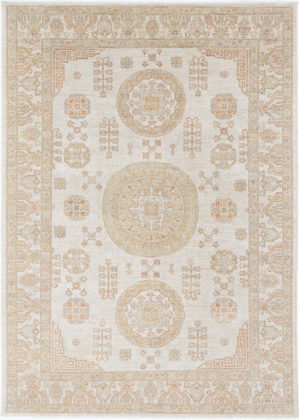 6x8.7 Ft Traditional Handknotted Beige Area Rug With Geometric Medallion Design