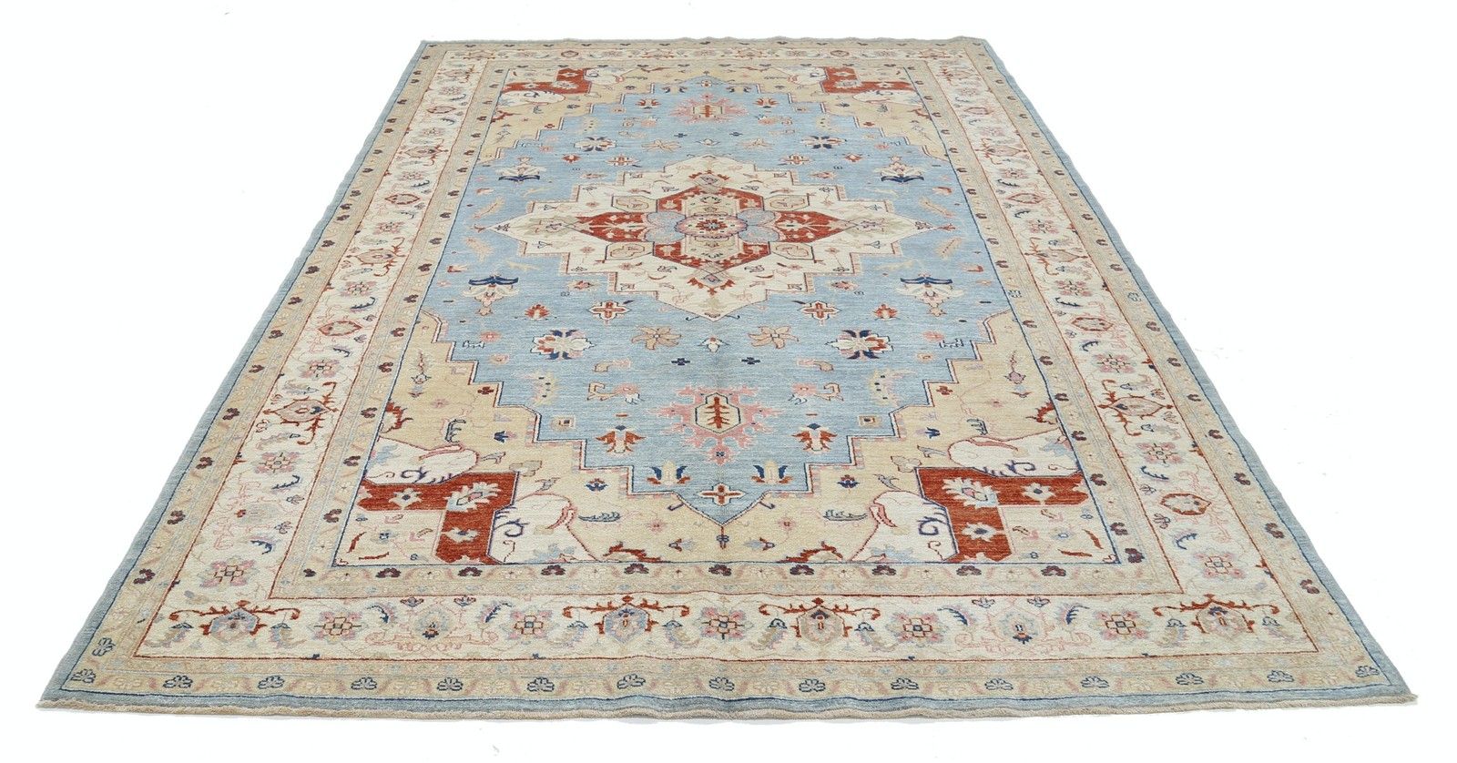 Grand tapis noué à la main bleu clair et ivoire, 7 x 10,2 ft - Tapis turc à motifs géométriques photo Textiles
