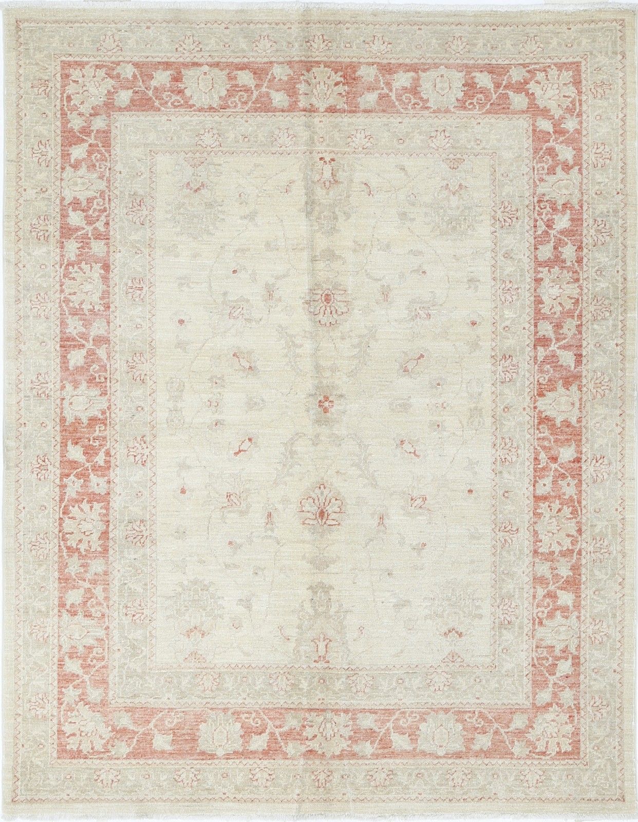 4.8x6.4 Ft Hand Knotted Floral Area Rug With Red Field And Ivory Border
