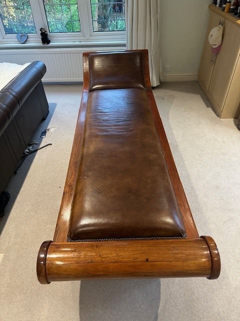 19th Century Brown Leather And Studded Hardwood Teak Chaise Long. Full Length And Very Substantial. A Beautiful Piece. photo furniture