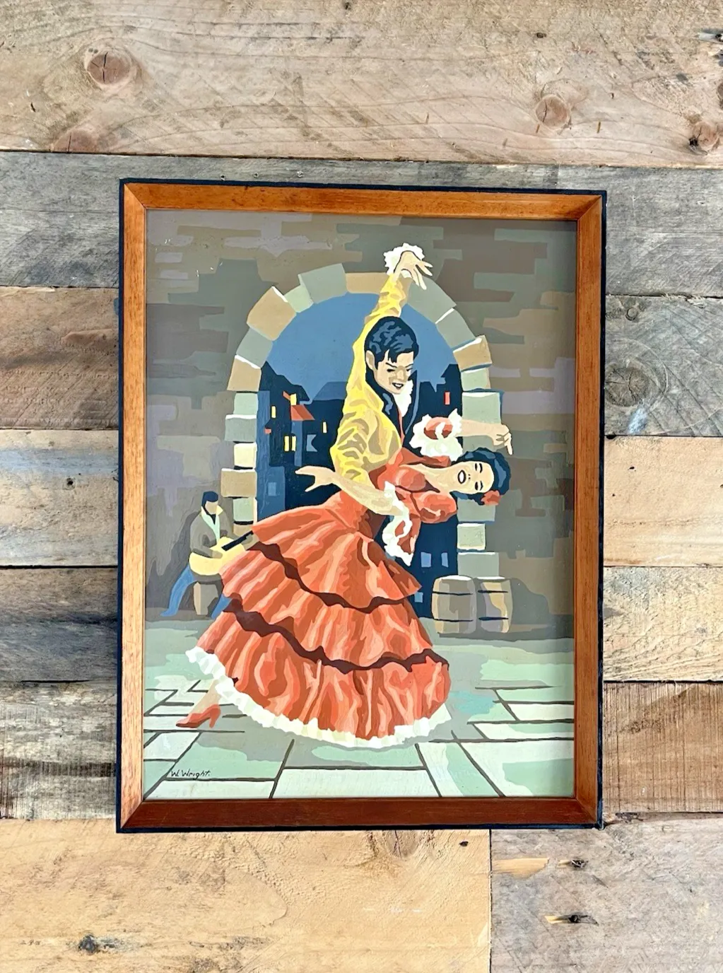 Original Vintage 1963 Spanish Flamenco Dancers Painting Mid Century Teak Frame