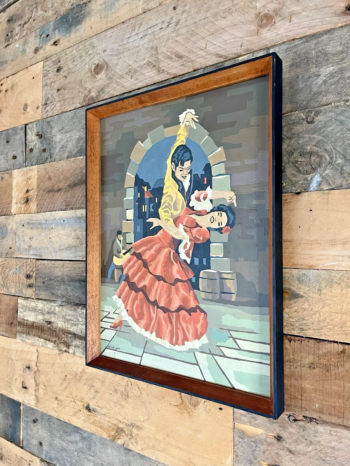 Original Vintage 1963 Spanish Flamenco Dancers Painting Mid Century Teak Frame photo Art