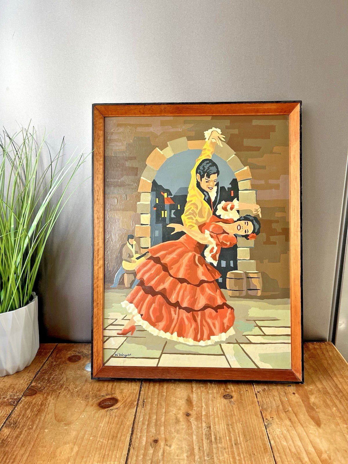 Original Vintage 1963 Spanish Flamenco Dancers Painting Mid Century Teak Frame photo 135.0
