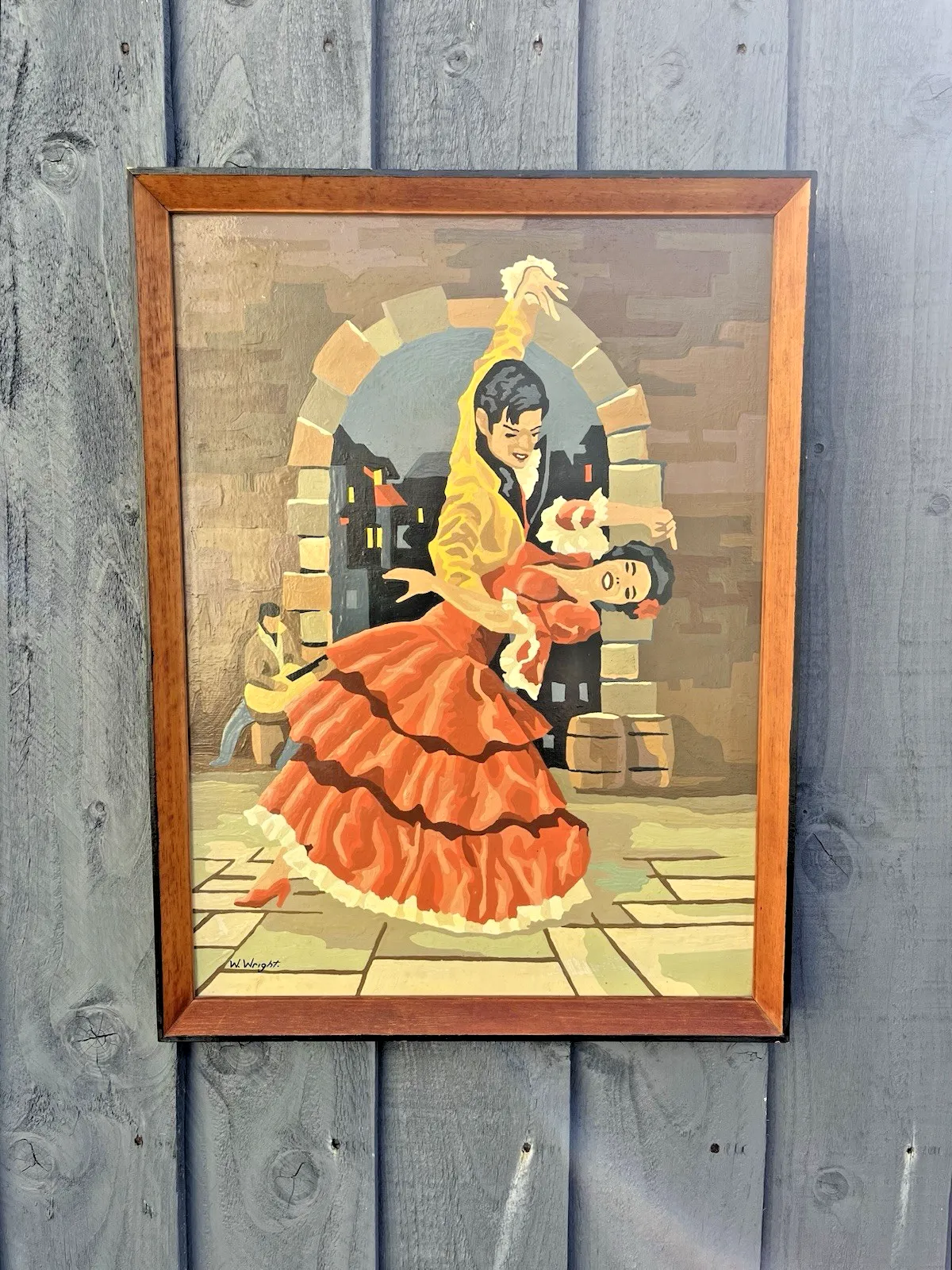 135.0 Original Vintage 1963 Spanish Flamenco Dancers Painting Mid Century Teak Frame photo