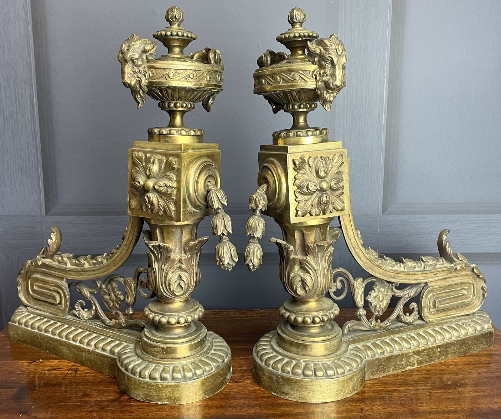French Empire Brass Chenet Andirons Pair Decorative Fire Dogs