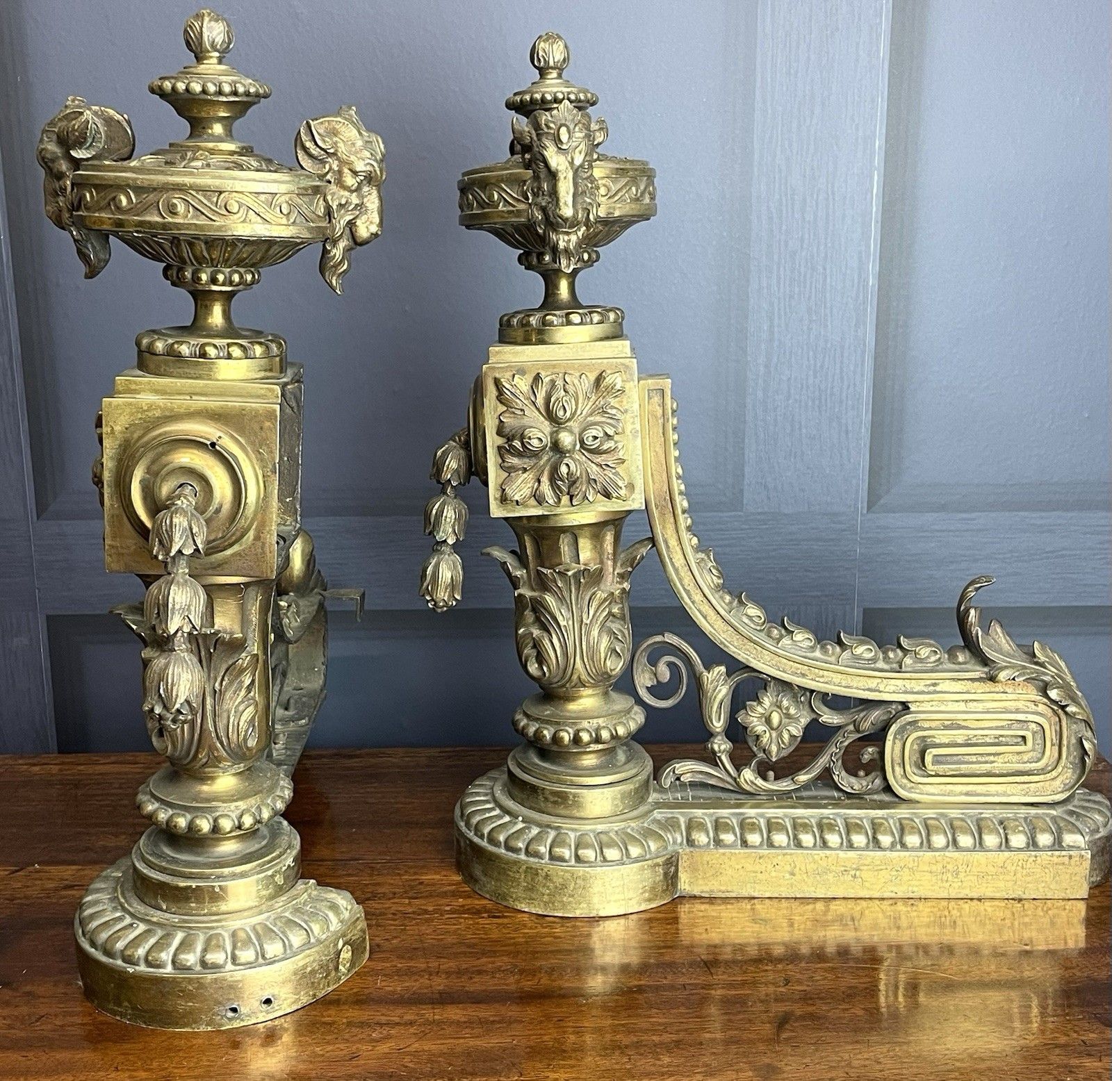 French Empire Brass Chenet Andirons Pair Decorative Ram Fire Dogs 19th Century photo furniture