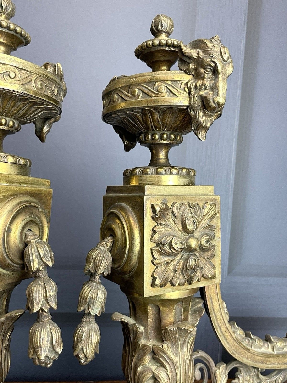 French Empire Brass Chenet Andirons Pair Decorative Ram Fire Dogs 19th Century photo Home Fixtures