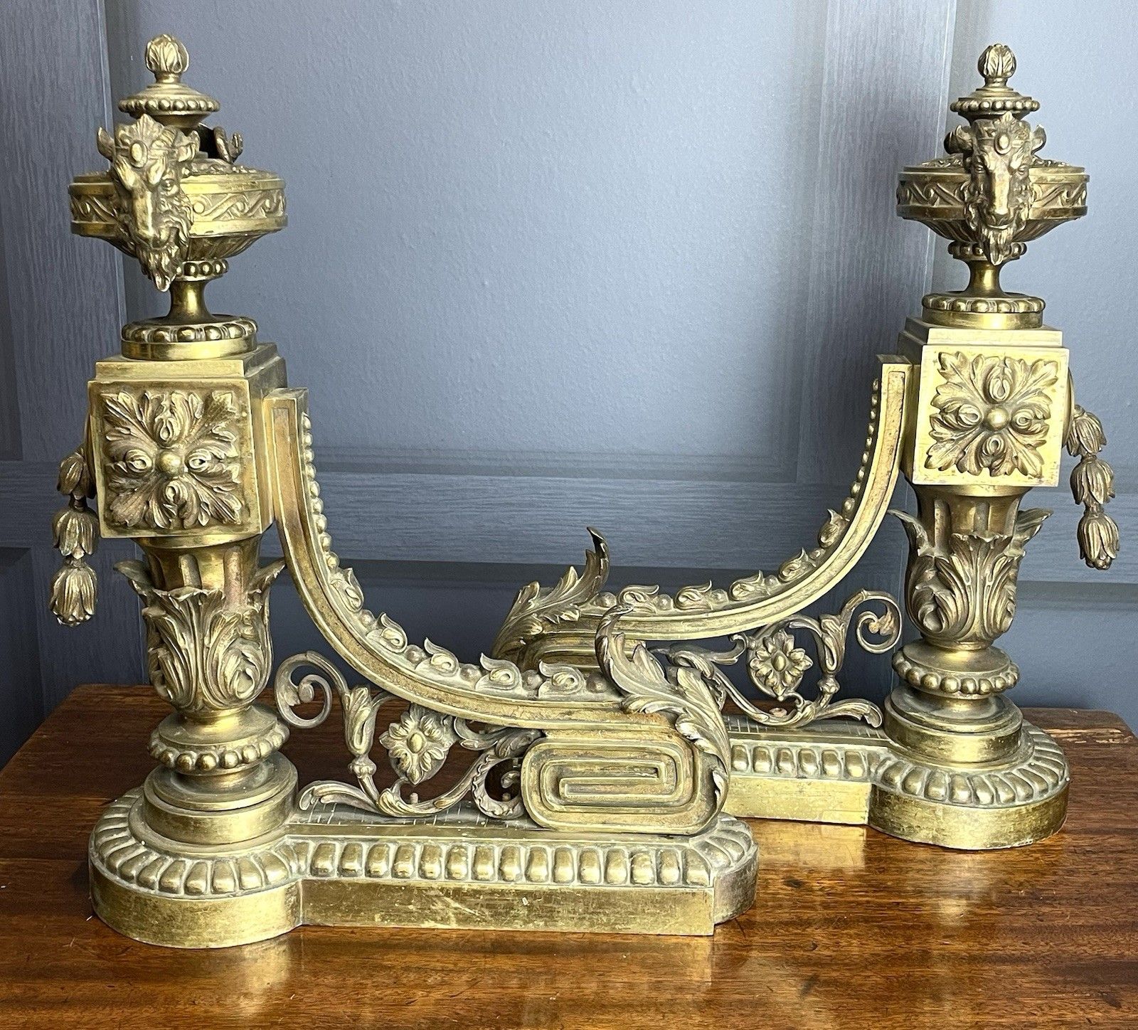 photo vinterior French Empire Brass Chenet Andirons Pair Decorative Ram Fire Dogs 19th Century