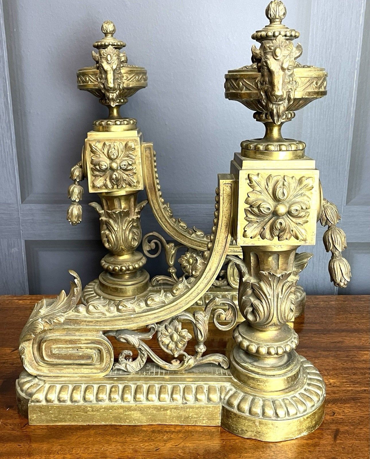 photo buy French Empire Brass Chenet Andirons Pair Decorative Ram Fire Dogs 19th Century