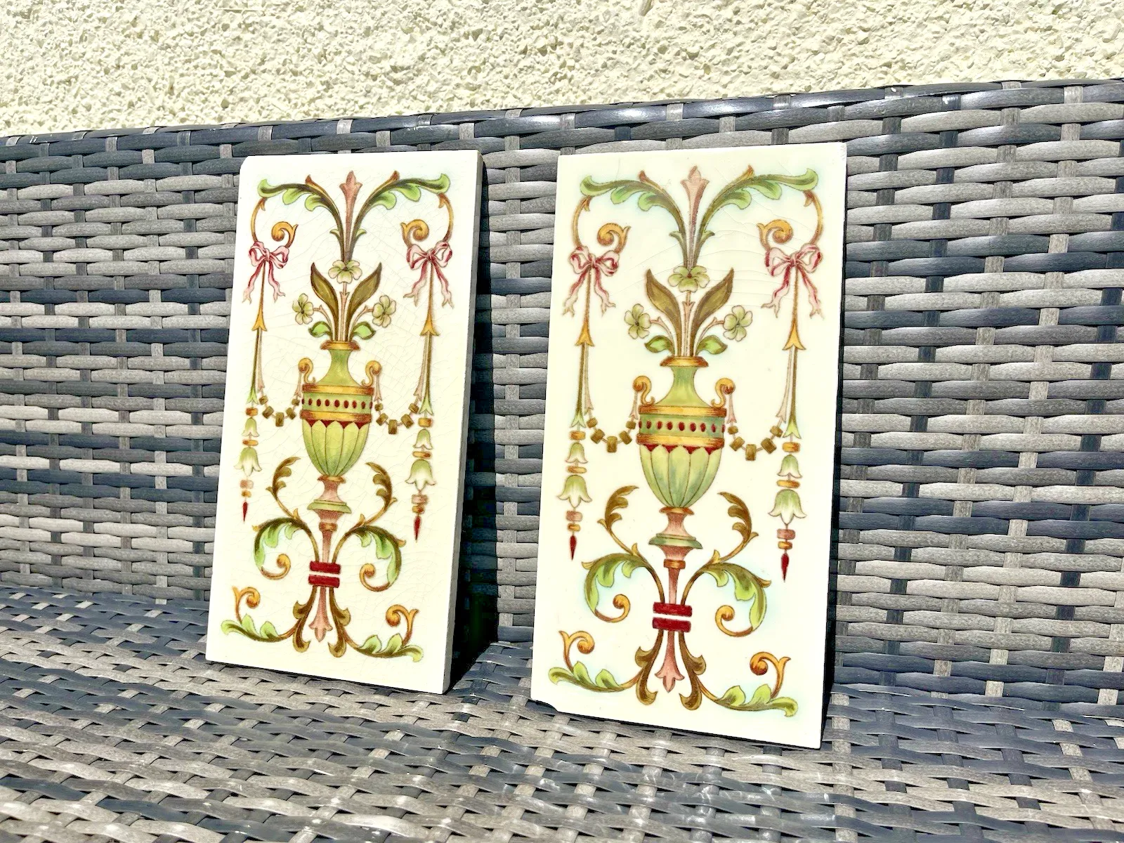 Rare Pair Of Antique English Sherwin & Cotton 12 X 6 Fireplace Tiles Regency Urn photo 250.0