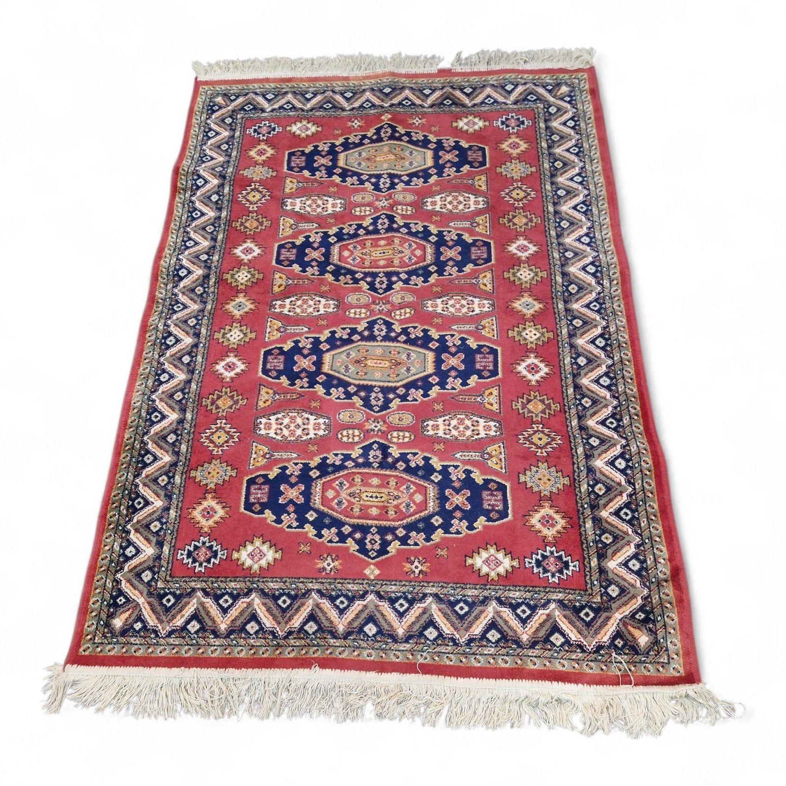 Traditional Geometric Rug Red Blue Tribal Style Fringed Wool Carpet 157cm photo for sale