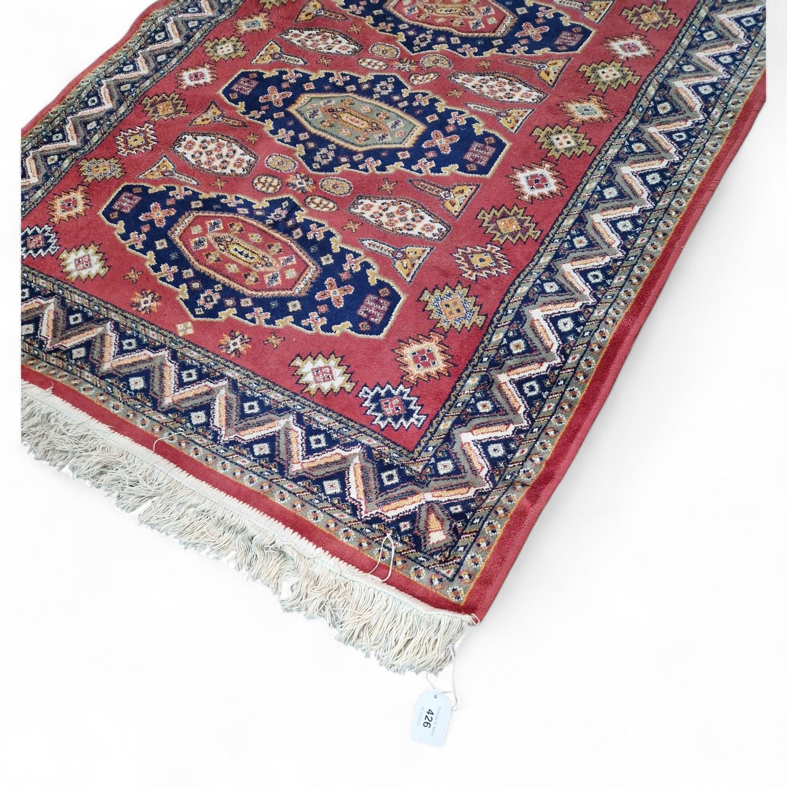 Traditional Geometric Rug Red Blue Tribal Style Fringed Wool Carpet 157cm photo 145.0