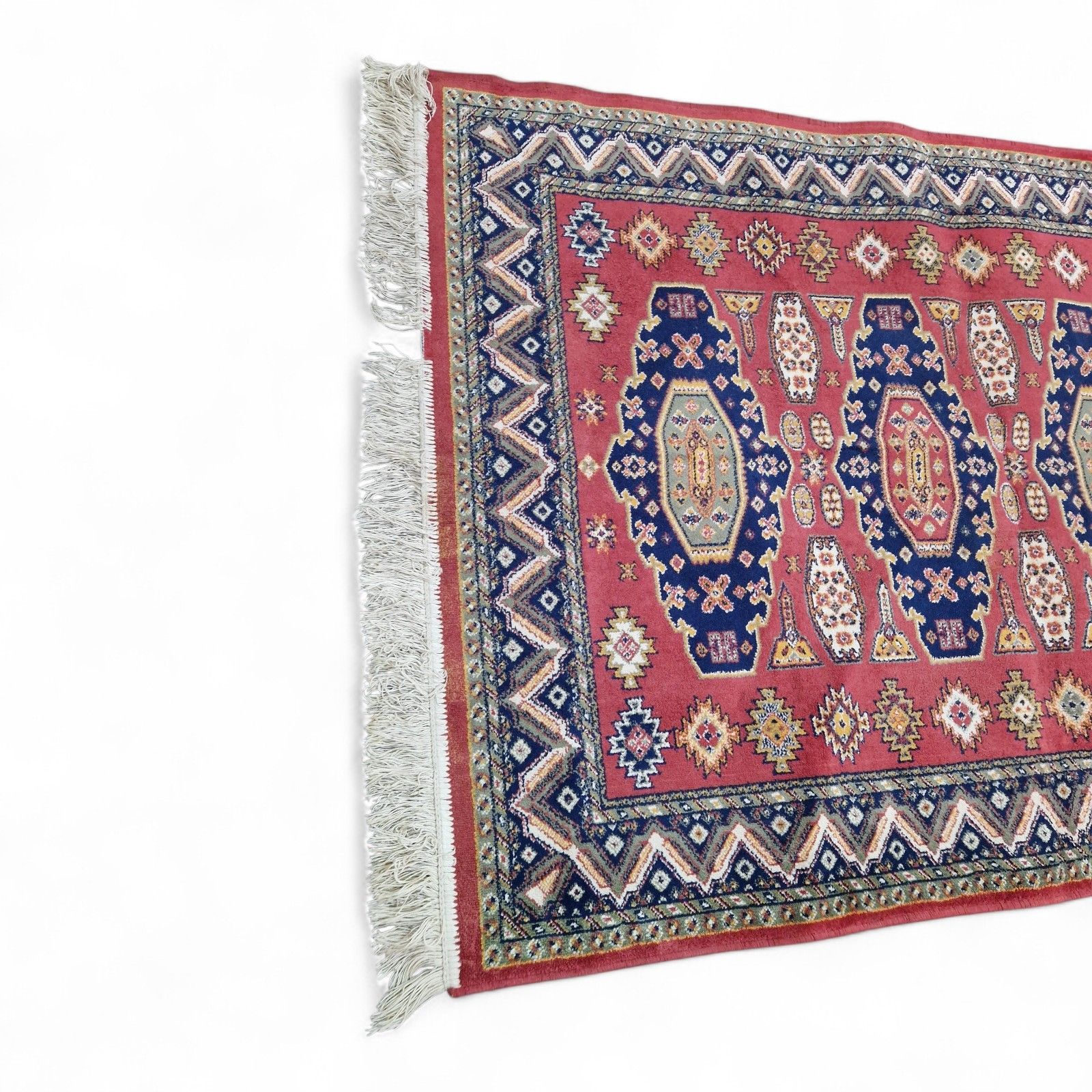 photo furniture Traditional Geometric Rug Red Blue Tribal Style Fringed Wool Carpet 157cm