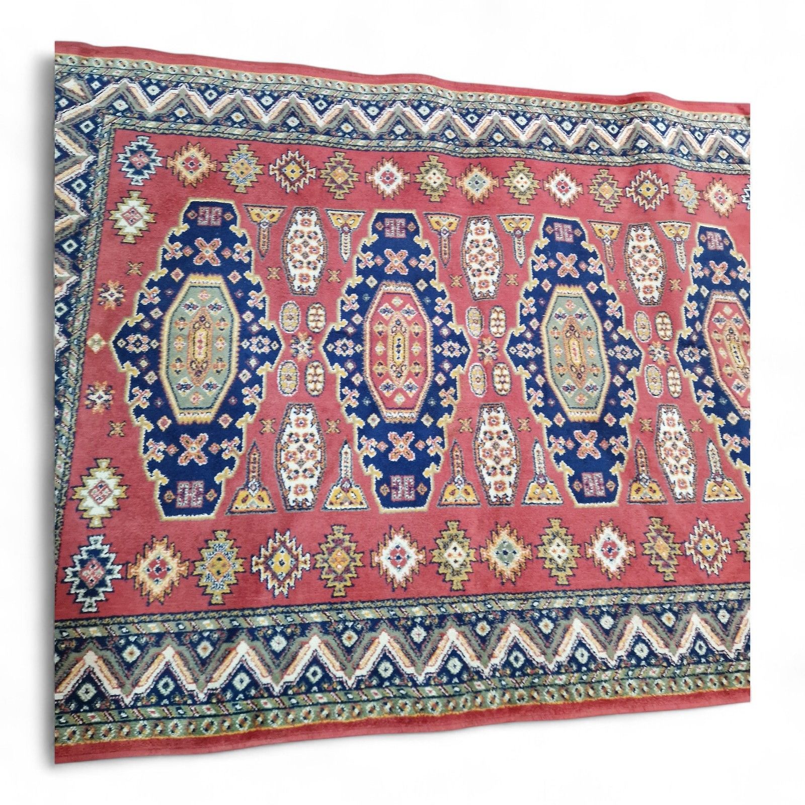 photo for sale Traditional Geometric Rug Red Blue Tribal Style Fringed Wool Carpet 157cm
