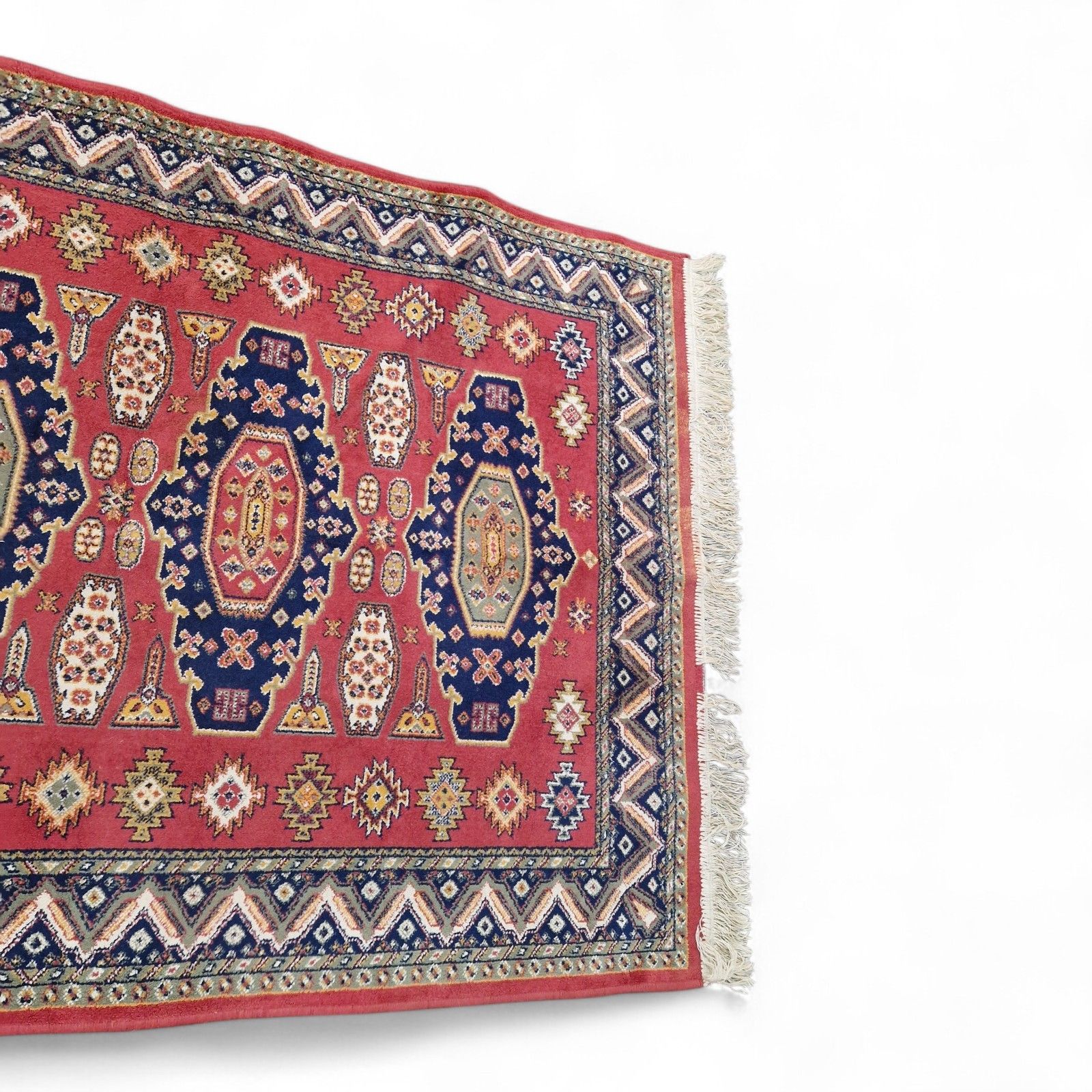photo vintage Traditional Geometric Rug Red Blue Tribal Style Fringed Wool Carpet 157cm