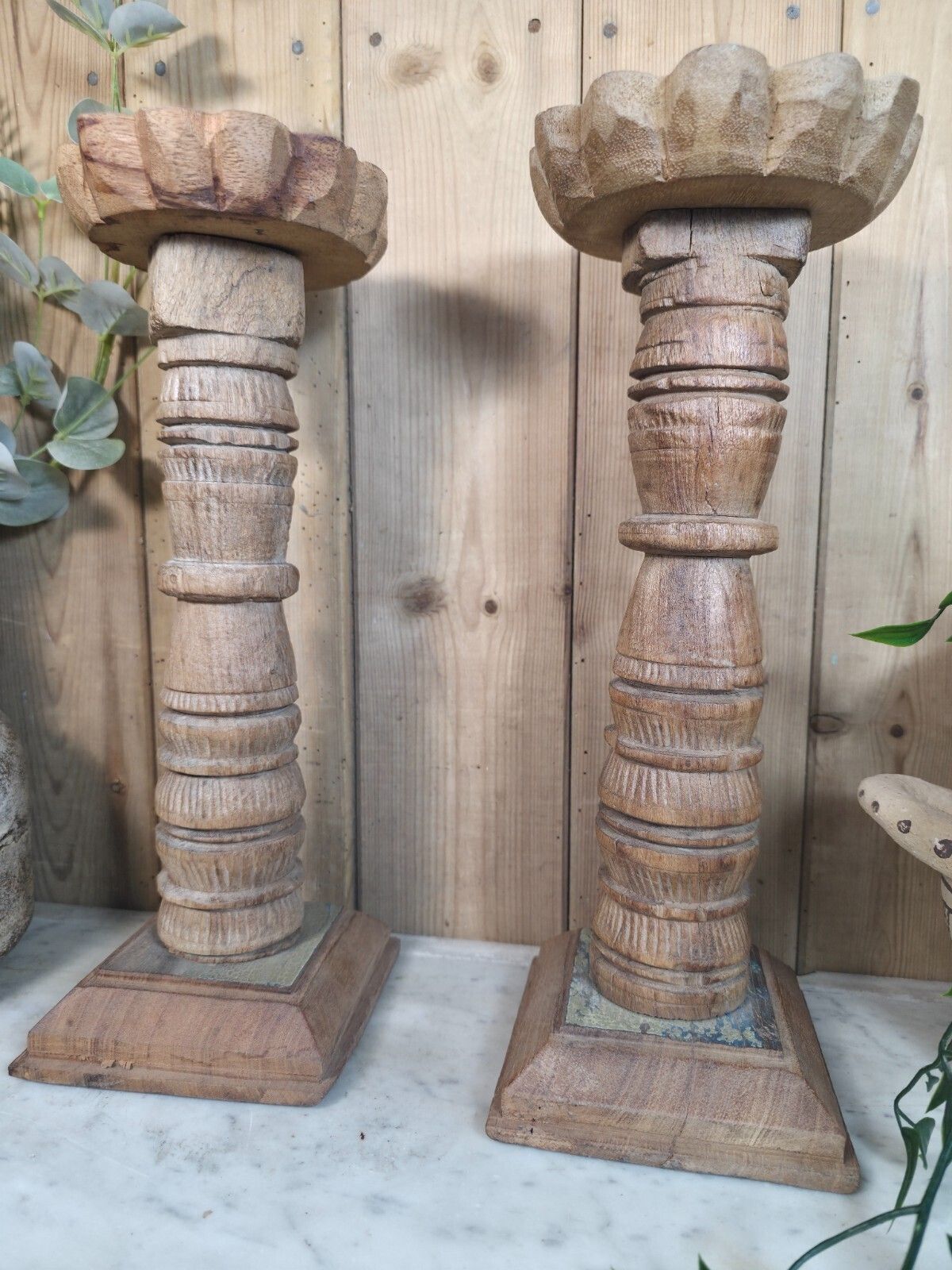 Pair Vintage Reclaimed Wabi Sabi Rustic Indian Wooden Candlestick Candle Holder photo vintage